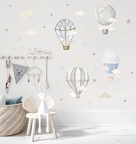 Miniatura 5 de Calcomanías de pared de globo aerostático en acuarela, estrellas y nubes, calcomanías de vinilo para pared, despegar y pegar, ilustraciones