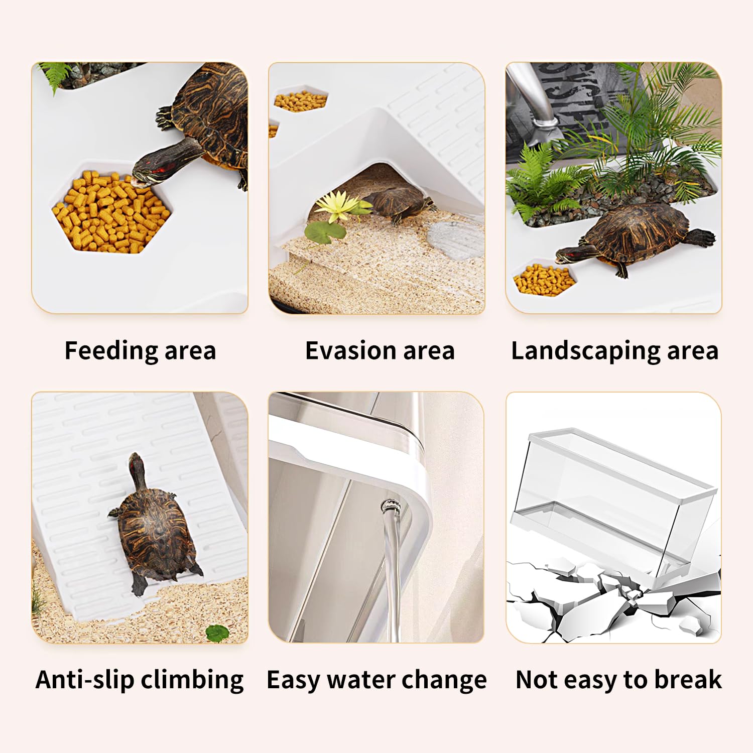 Acquario per tartarughe con drenaggio sul fondo, 40 x 20 x 22,5 cm, per tartarughe giovani, gamberi di fiume, granchi, anfibi e rettili - 5