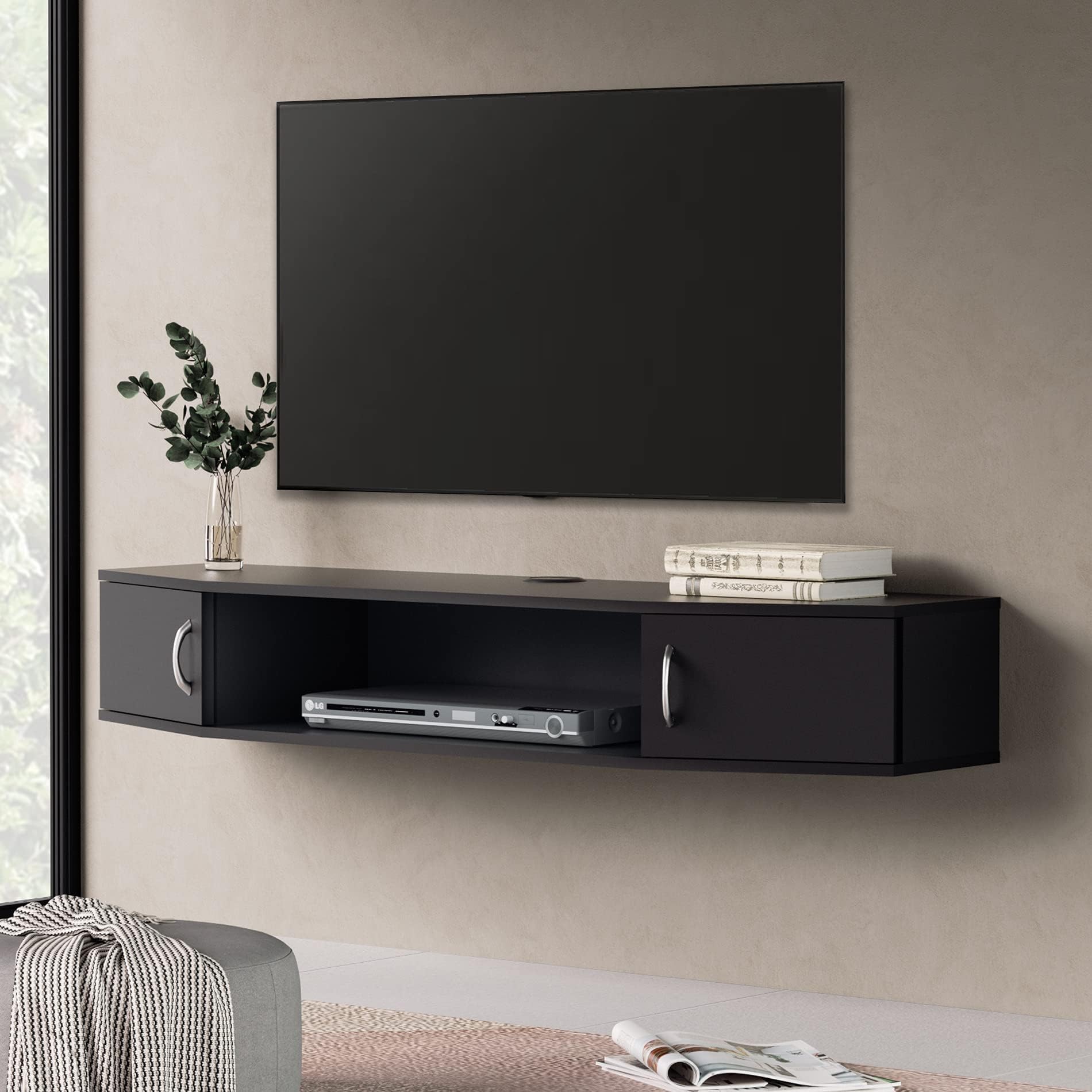 FITUEYESFloating TV Stand Wall Mounted TV Shelf Media Console with Doors,Floating Entertainment Center Audio Video Shelving Desk with Storage,TV Console for Home Living Room Office, Black