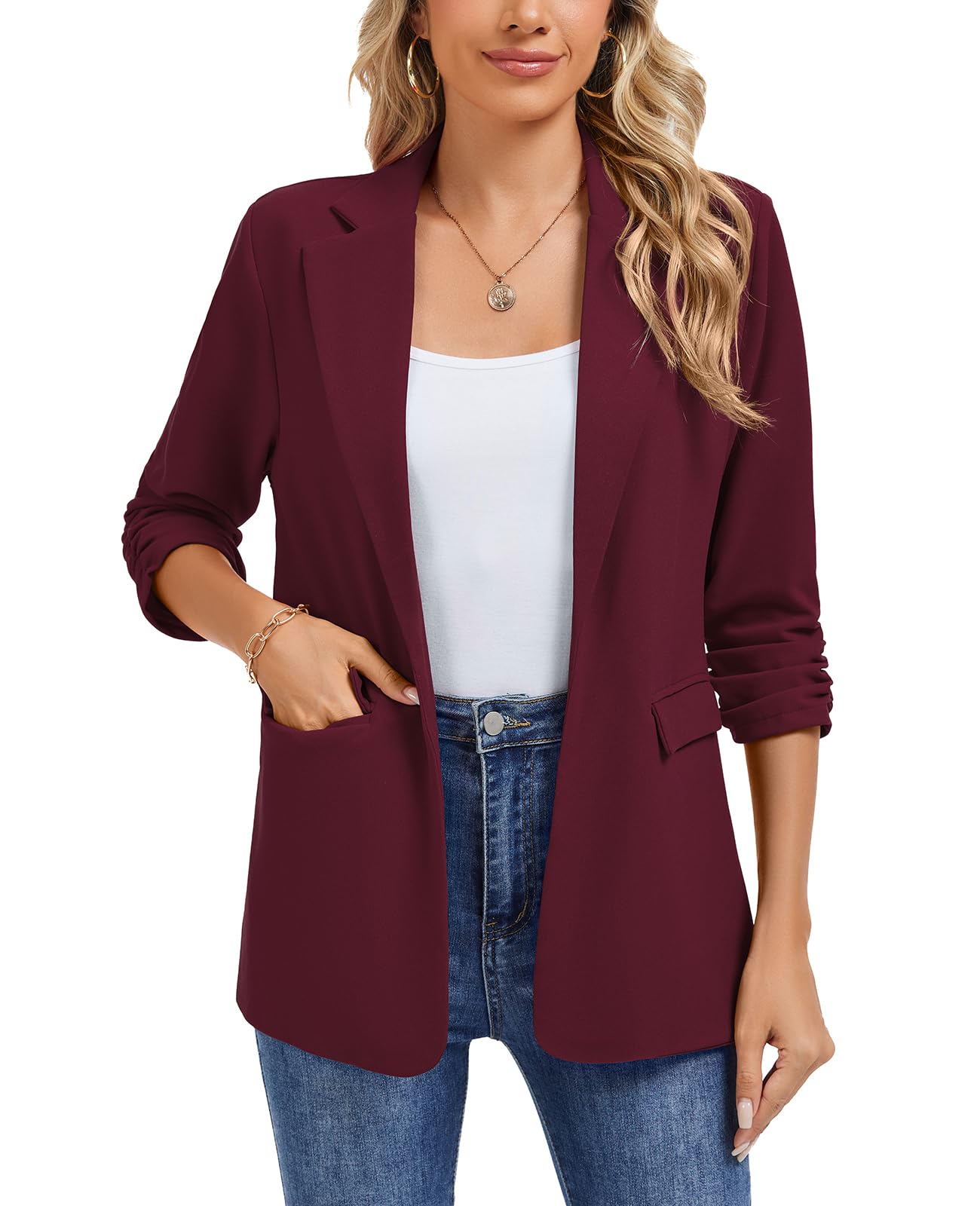 MINTLIMIT Shoulder Pad Blazer for Women Ruched 3 4 Sleeve Open Front Blazers Work Notch Lapel Jacket with