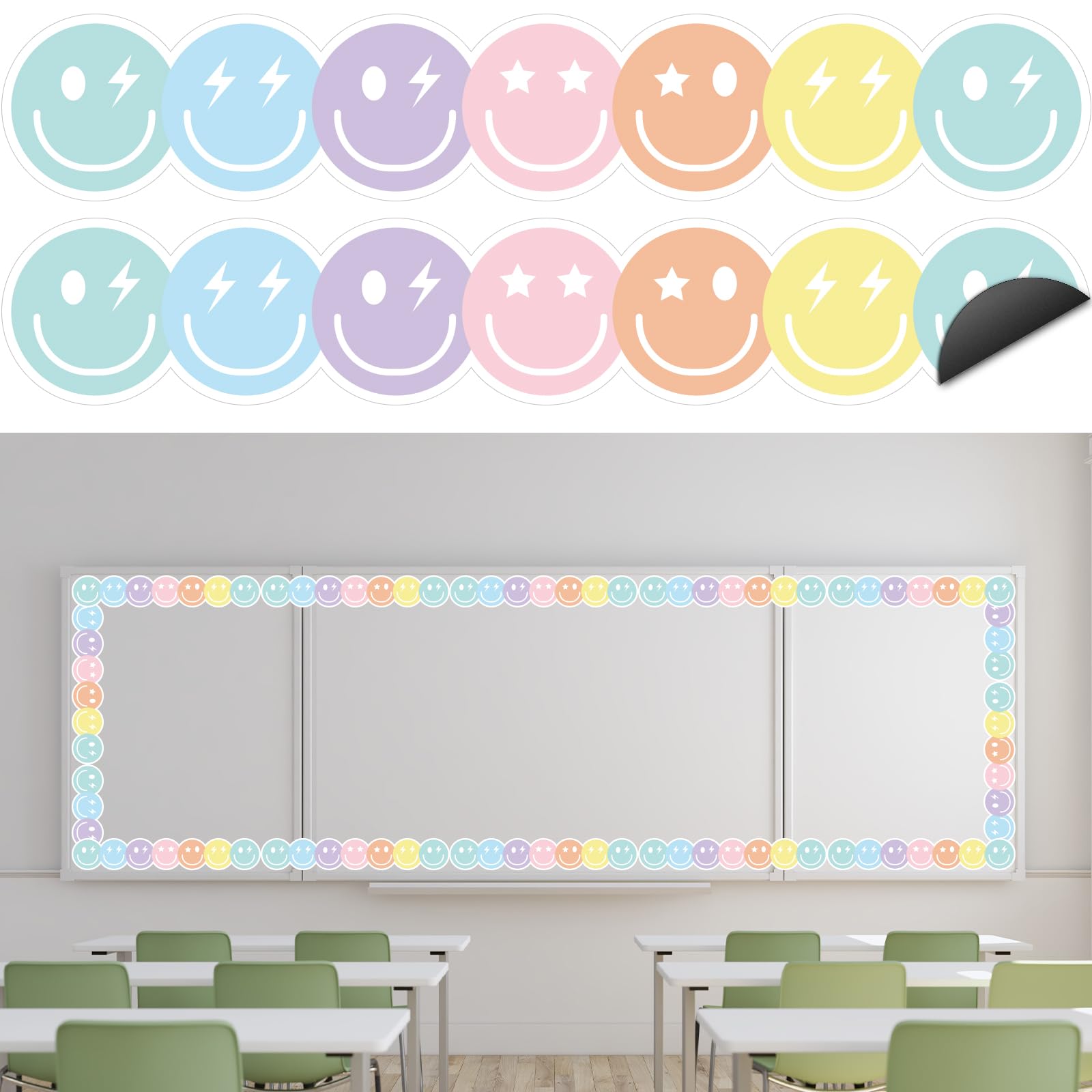 Whaline 24Pcs Preppy Happy Face Magnetic Bulletin Board Border Pastel Color Smile Face Magnetic Strips Border Trim for Silly Goose Office Classroom