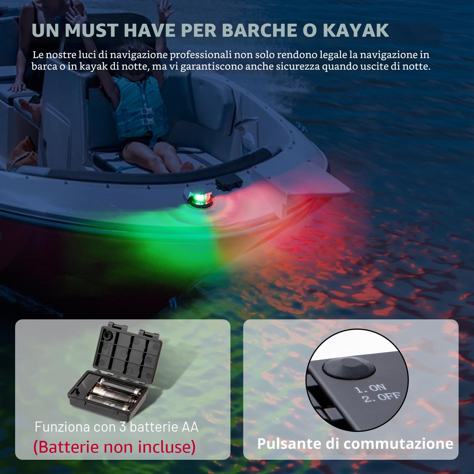 Luci di Navigazione a LED per Barche a Batteria, Installazione Senza Attrezzi, Impermeabili IP67, Luci di Prua Rosse e Verdi per Barche da Pesca, Barche a Consolle Centrale