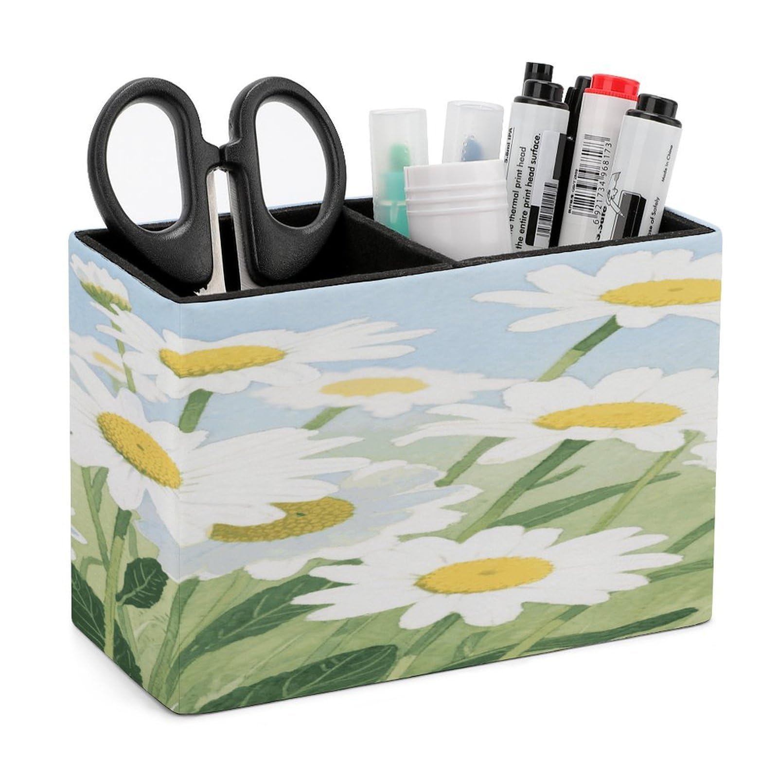 VstaDank Watercolor Daisy Pencil Holder for Desk Organizer 2 Compartments Pen Cup Leather Square Pen Holder Pencil Cup Stand Makeup Brush Holders for Desktop Organizer Storage Case