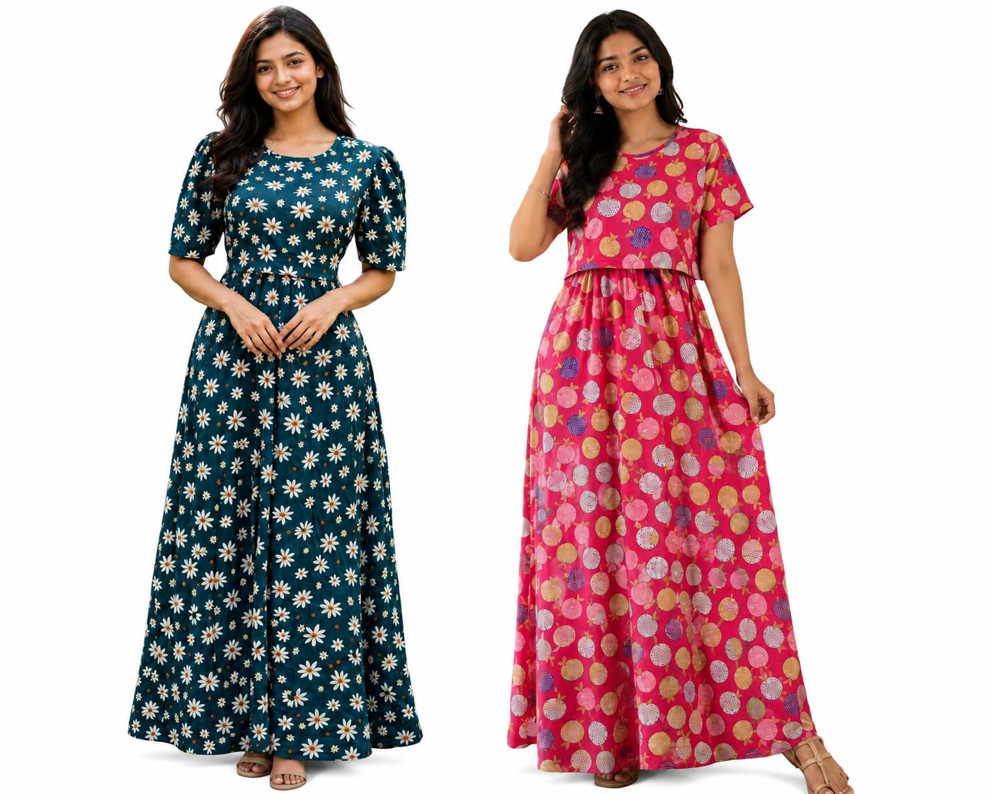 RENIS.Store Women's 100% Cotton Zipless Feeding Maternity Nighty Pack of 2 | Pull Up Nighty | Soft Pregnancy & Feeding Wear, Back Tie with Side Pocket | Green Flower_Pink Apple | Size-L-image-29