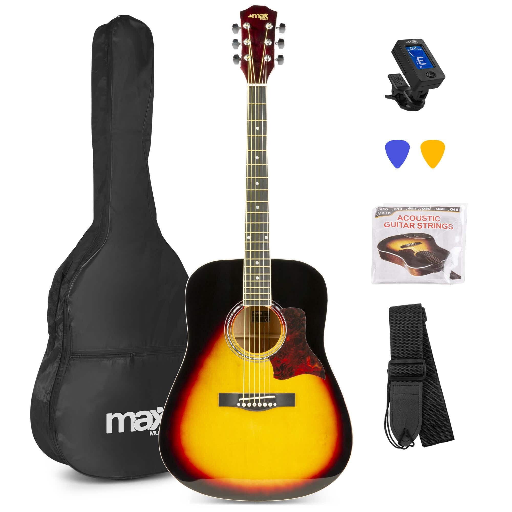 MAX SoloJam Westerngitarre, Akustik Gitarre Set, Acoustic Guitar, Akustikgitarre 4/4 mit Tasche, Gitarrenständer, Notenständer, Plektrum, Stimmgerät, Schultergurt, Saiten, Anfängergitarre - Sunburst