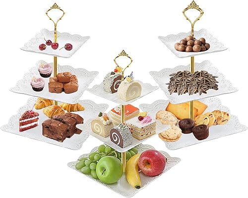 3 soportes cuadrados blancos para tartas de 3 niveles, bandeja de servir de 3 niveles, soporte para cupcakes, soporte de postre, decoración de mesa