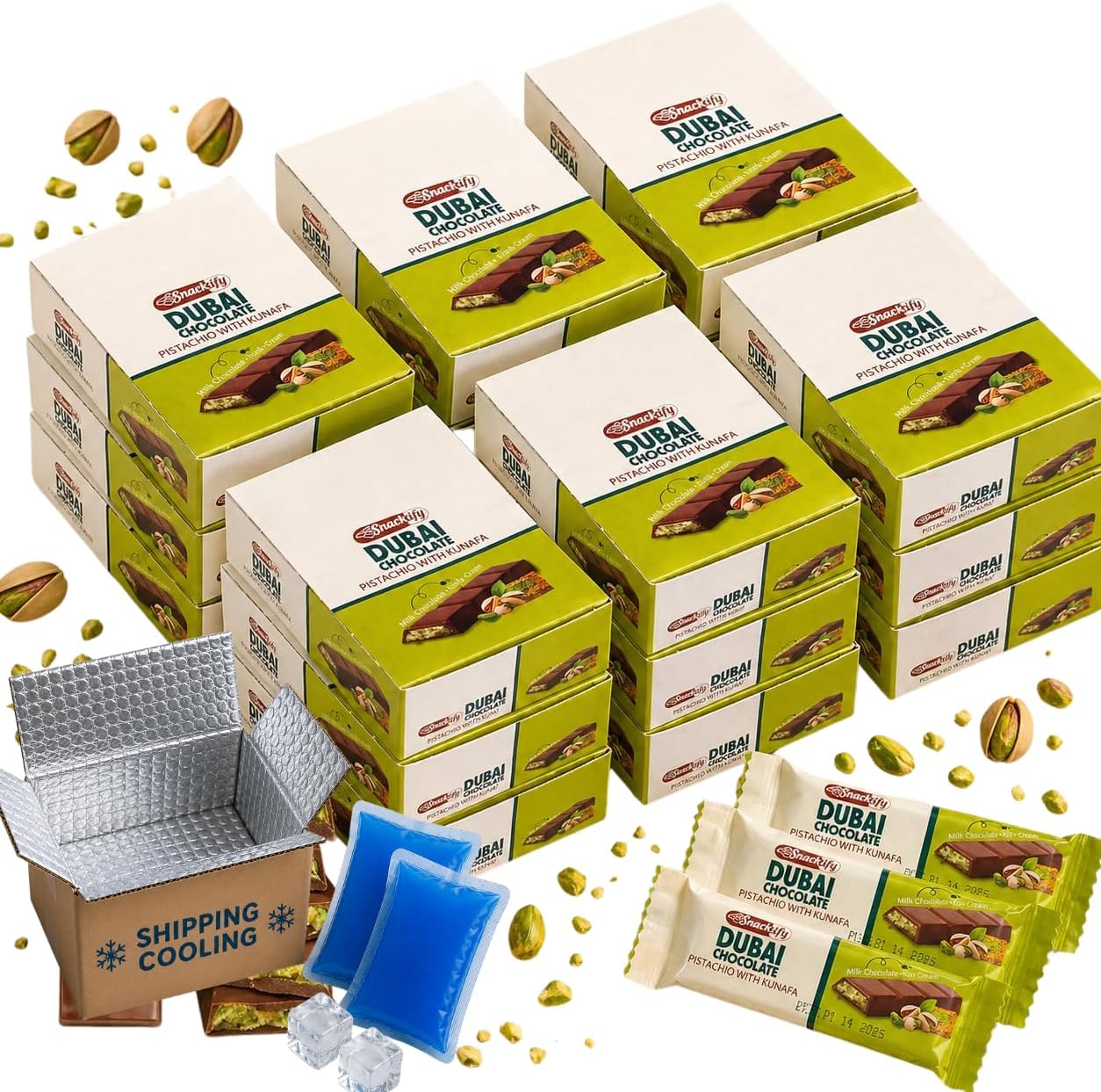Mini Dubai Chocolate (Pack of 432) - Kunafa Pistachio Bars, 27g Each, 25.74 lbs Total โ Perfect for Gifting, Fresh Daily Production, 432 Pieces with Shredded Phyllo Dough