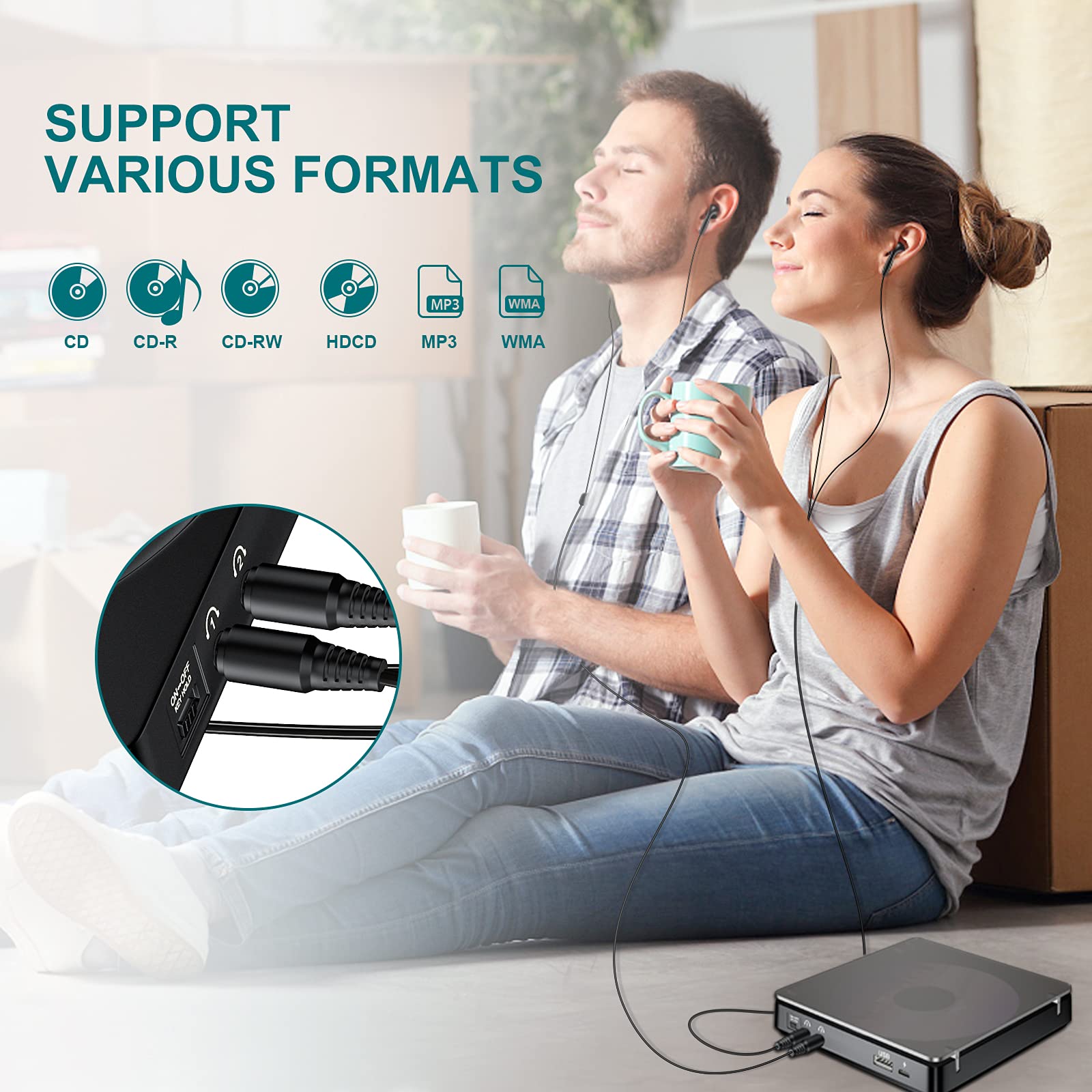 Lettore CD portatile 1200 mAh Personale Lettore MP3 CD con Doppia Presa per Cuffie da 3,5 mm disco Walkman con Protezione Antiurto per bambini e adulti