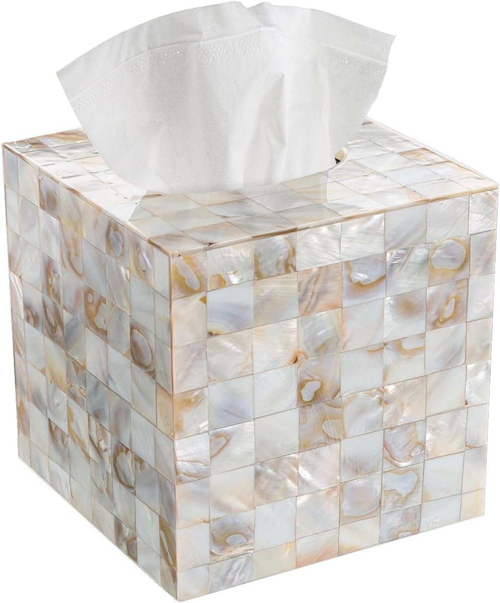 - Milano Tissue Box Cover Square – Decorative Tissue Holder for Bathroom - Beautiful Natural Mother of Pearl Capiz Shells Tissue Box Holder - Cube Tissue Box Cover with Durable Bottom Slider