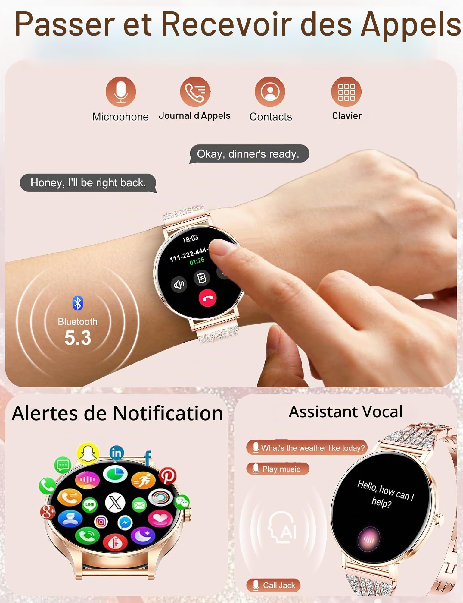 Montre Connectée Femme Ultra-fines (8mm),Écran AMOLED 1,32",Batterie 7 Jours,Suivi Santé et Sommeil,Appel BLE5.3,Assistant Vocal,Fonction Féminine,IP68 Étanche Smartwatch pour Android iOS,Or Rose