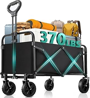 Collapsible Wagon with Wheels, 370lbs Weight Capacity Foldable Beach Wagon with Flexible Handle Portable Utility Wagon Cart for Outdoor, Grocery, Garden, Camping