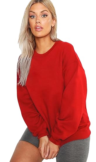 Women's Boyfriend/Loose Fit Round Neck Loopknit Sweatshirt (Red Color)