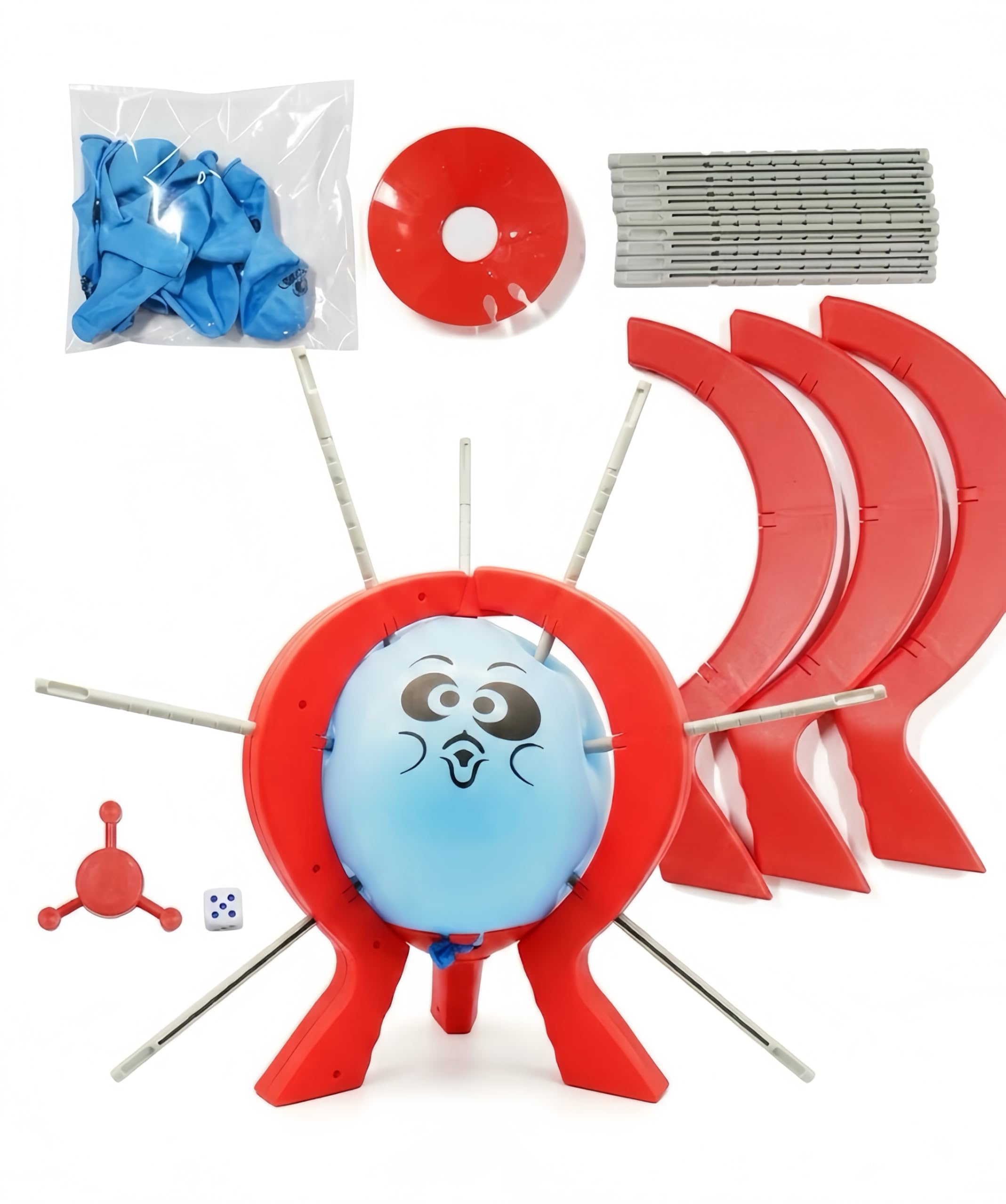 Balloon Blast - Juego de mesa divertido para la familia con 10 globos, 9 palos, dados, soporte, marco rojo