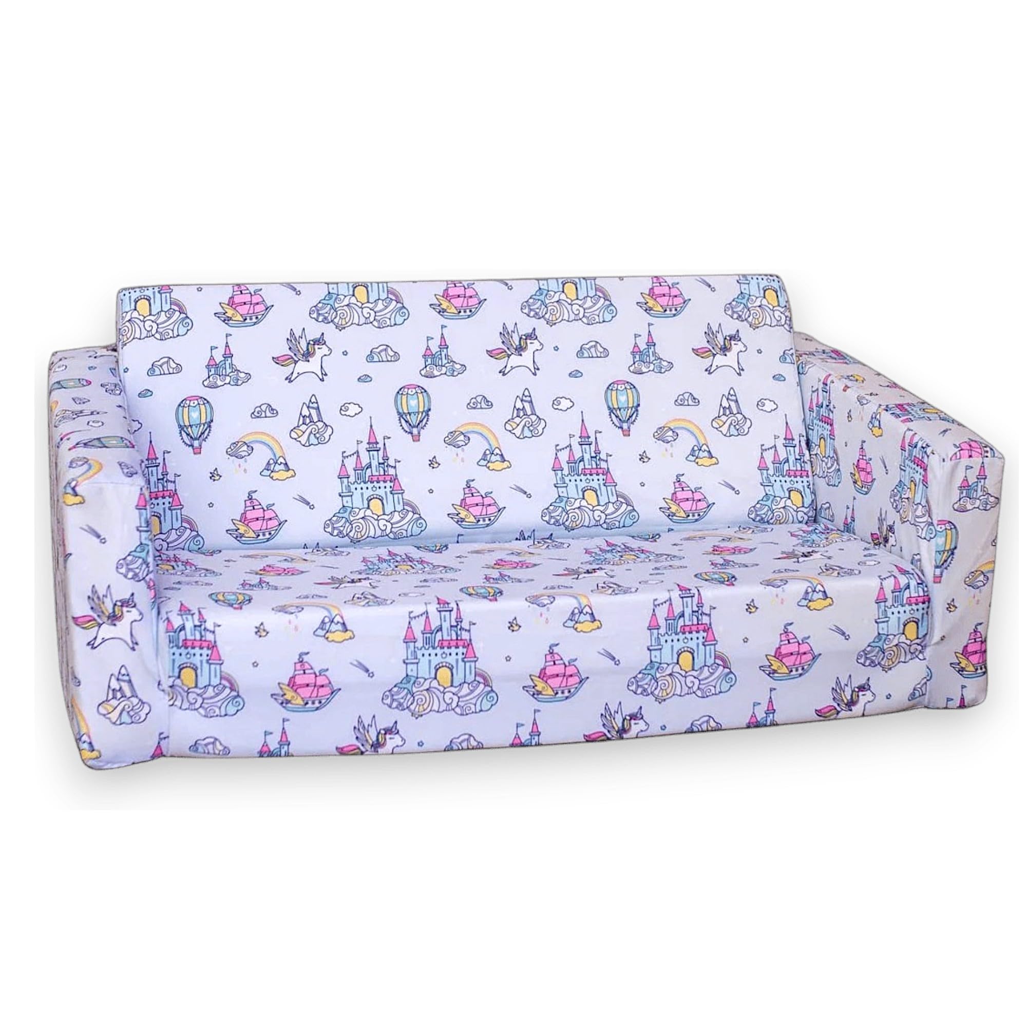 Sofá infantil plegable 2 en 1 de espuma alta densidad (25 kg/m³) - Sillón infantil ligero 2 kg, desenfundable, seguro, OEKO-TEX, Montessori desde 9 meses, no comprimido al vacío. (UNICORNIOS)