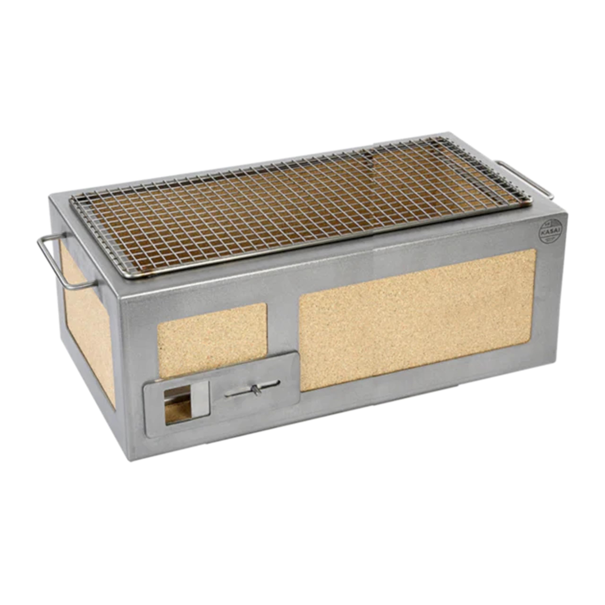 Kasai Konro Grill medio lungo con telaio in acciaio inox, realizzato nel Regno Unito in collaborazione con Tommy Banks, dimensione media della griglia per 4-8 persone