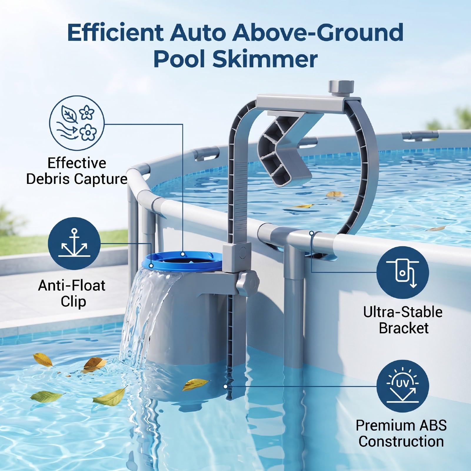 Luocute Skimmer per Piscina Fuori Terra, Skimmer di Superficie Galleggiante Automatico con Montaggio a Parete | per piscine gonfiabili e con struttura in metallo, clip anti-galleggiante, funziona con pompa da 800 GPH