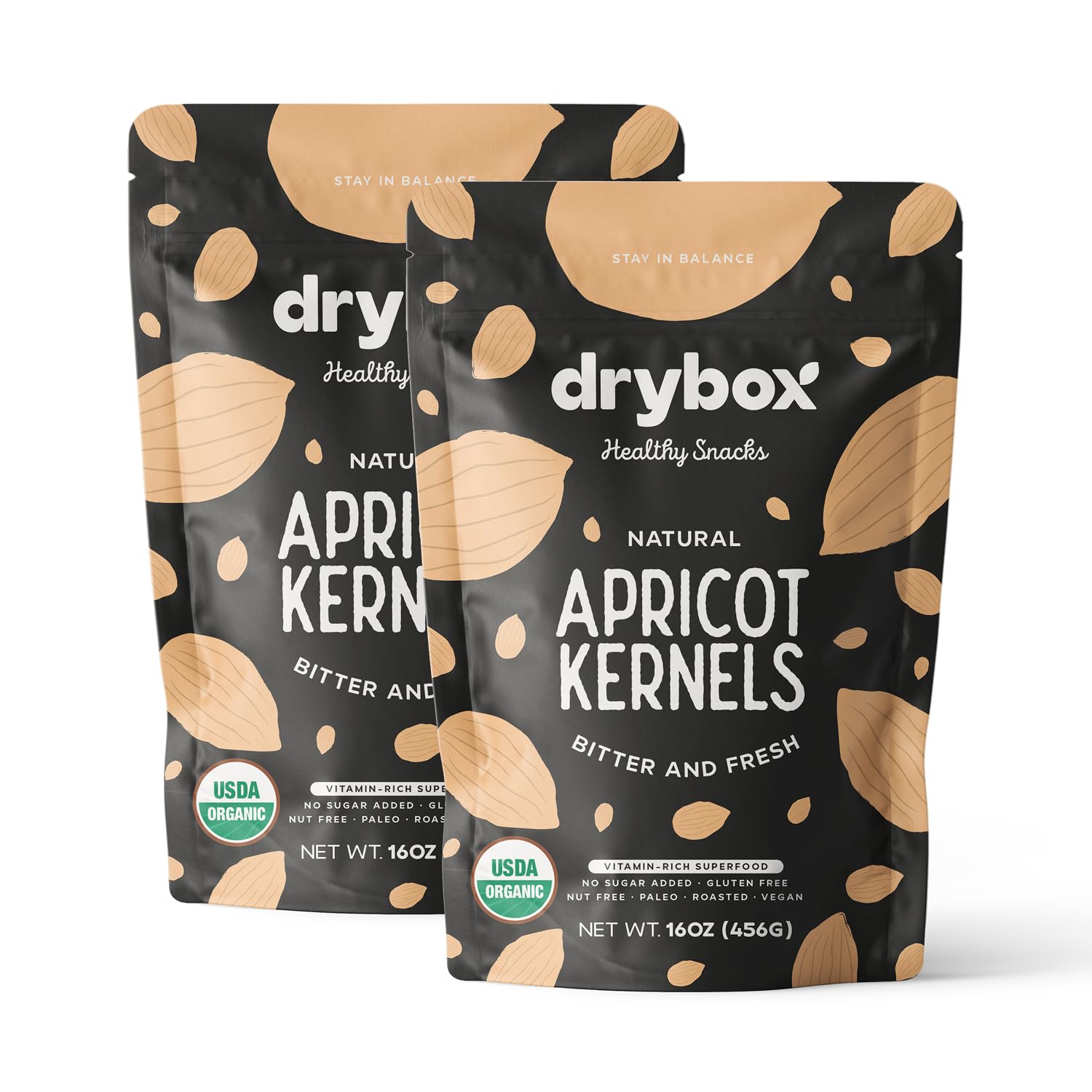 Drybox Bitter Apricot Kernels Raw Natural Organic NonGMO Vegan Source of Vitamin B17 and B15, Resealable Bag TWO 16 oz/ 1 lb bags, 2 Pack total 2 lbsUSDA Organic