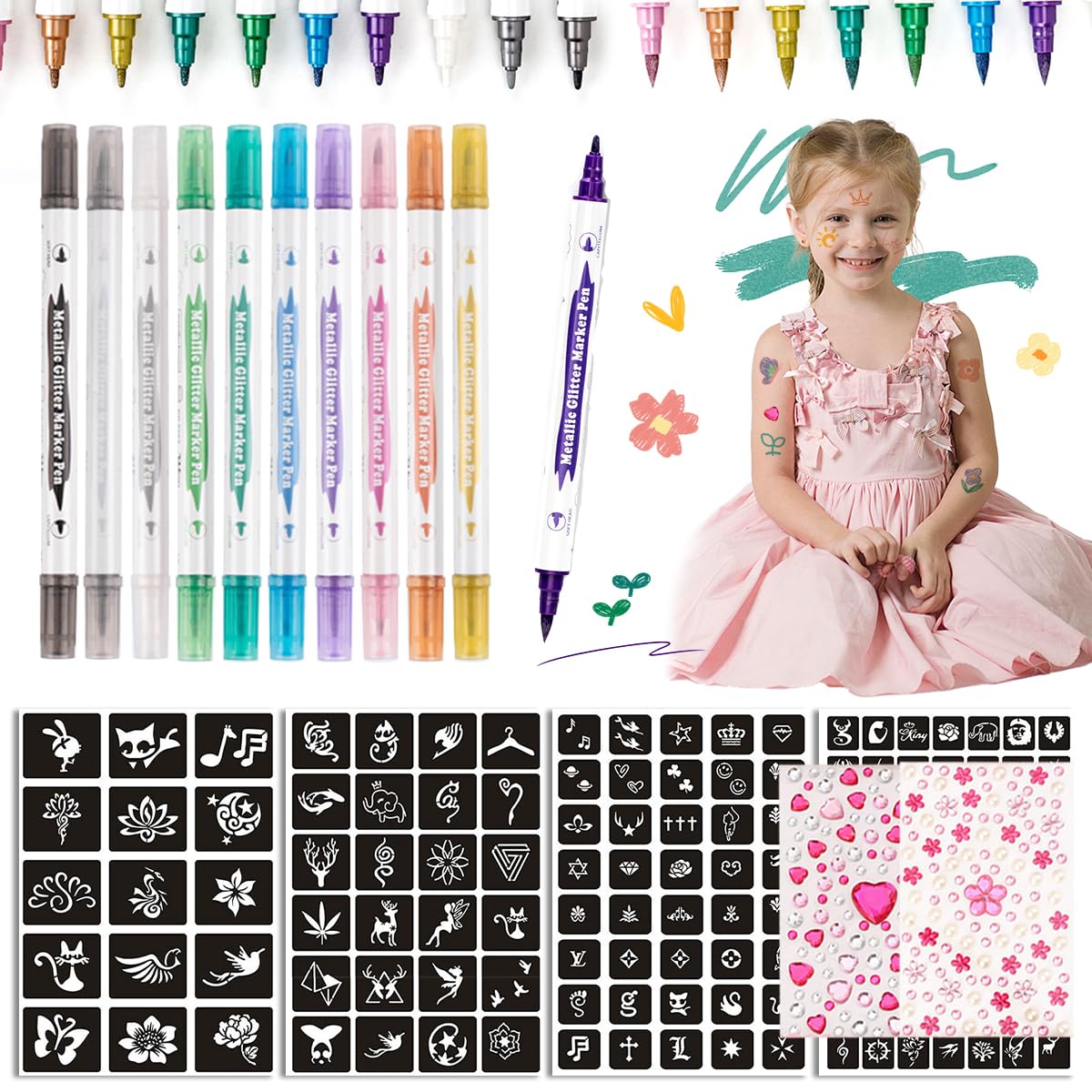 Rotuladores Tatuajes Temporales, Kit de Tatuajes Temporales para Niños con 10 Rotuladores Tatuajes Niños de Doble Punta, 4 Tatuajes Plantillas, 2 Diamante Adhesivas Cara, Regalo Niña 3+ Años