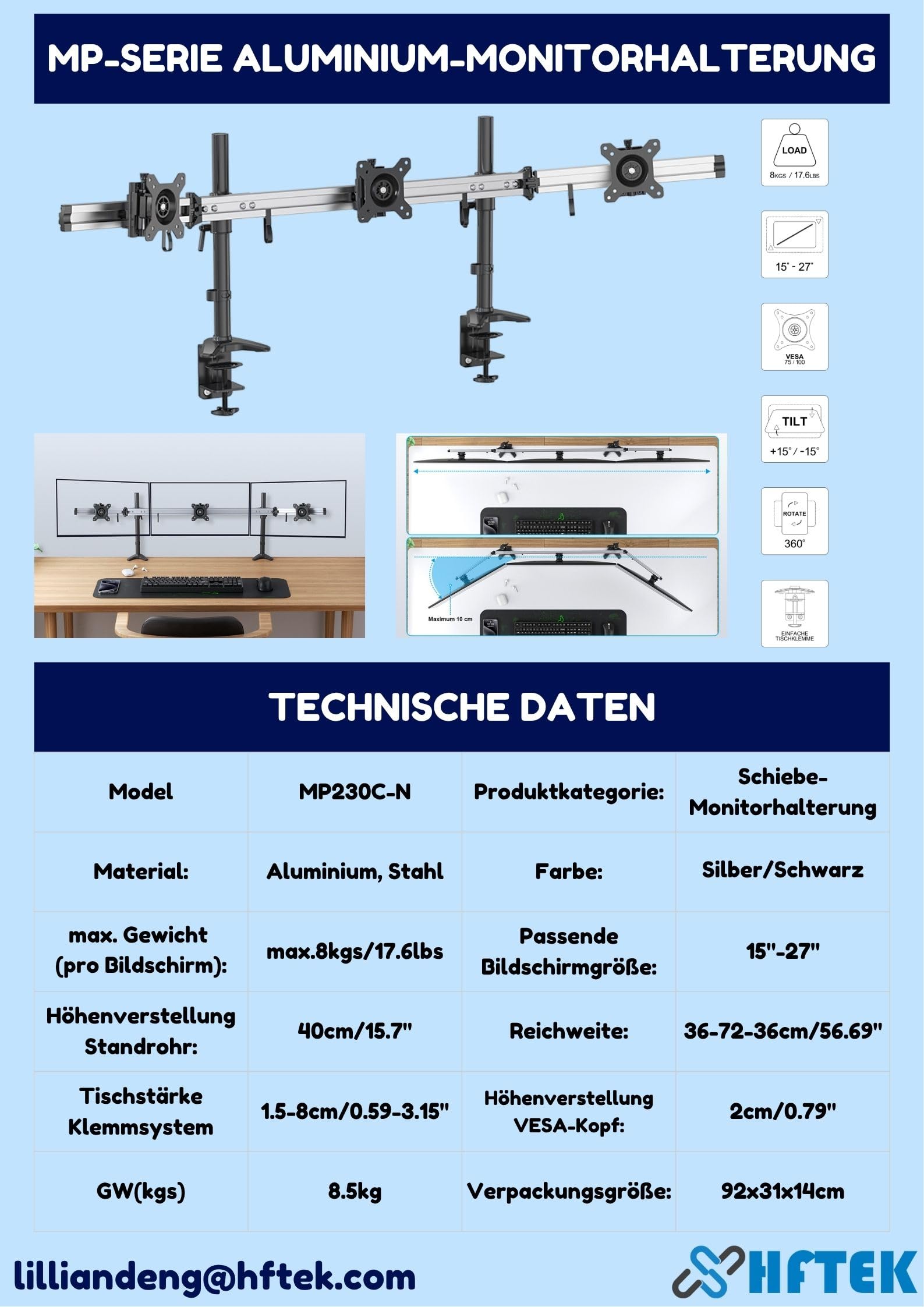 HFTEK Support de Bureau Table pour Trois moniteurs de 15" à 27" avec VESA 75/100 (MP230C-N)