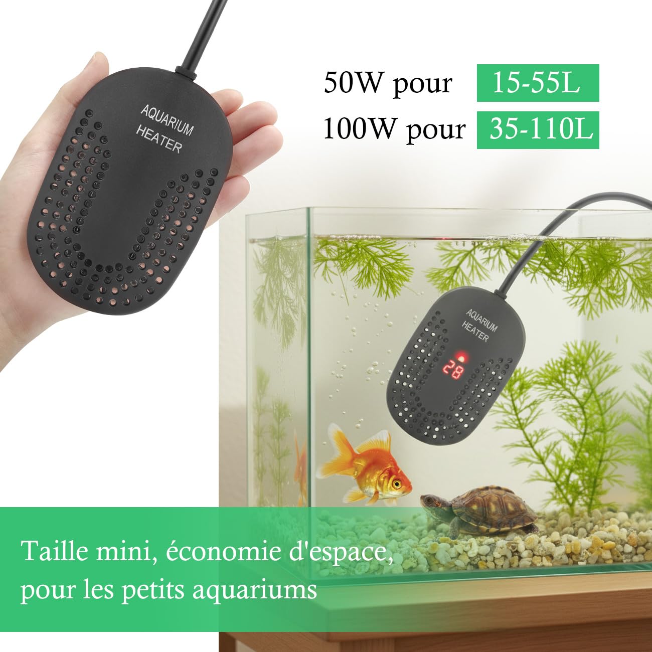Mini Chauffage pour Aquarium 50W 100W, Chauffage Réglable pour Aquarium avec Contrôleur de Température Externe, Chauffage Incassable pour Poissons et Tortues, Eau Douce et Eau Salée (100W)