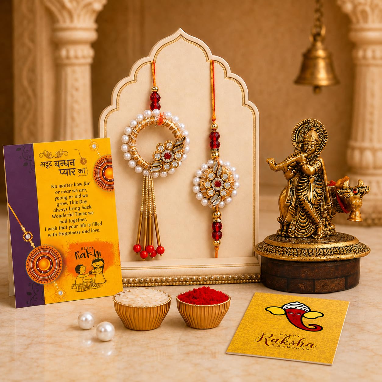 CraftVatika Rakhi Gift Combo for Brother Bhaiya and Bhabhi | Bhai Bhabhi Couple Rakhis Set of 2 | rakhi with Premium Krishna Idol Gift for Brother | Kundan Lumba rakhis for Bhai Kids Women Girls