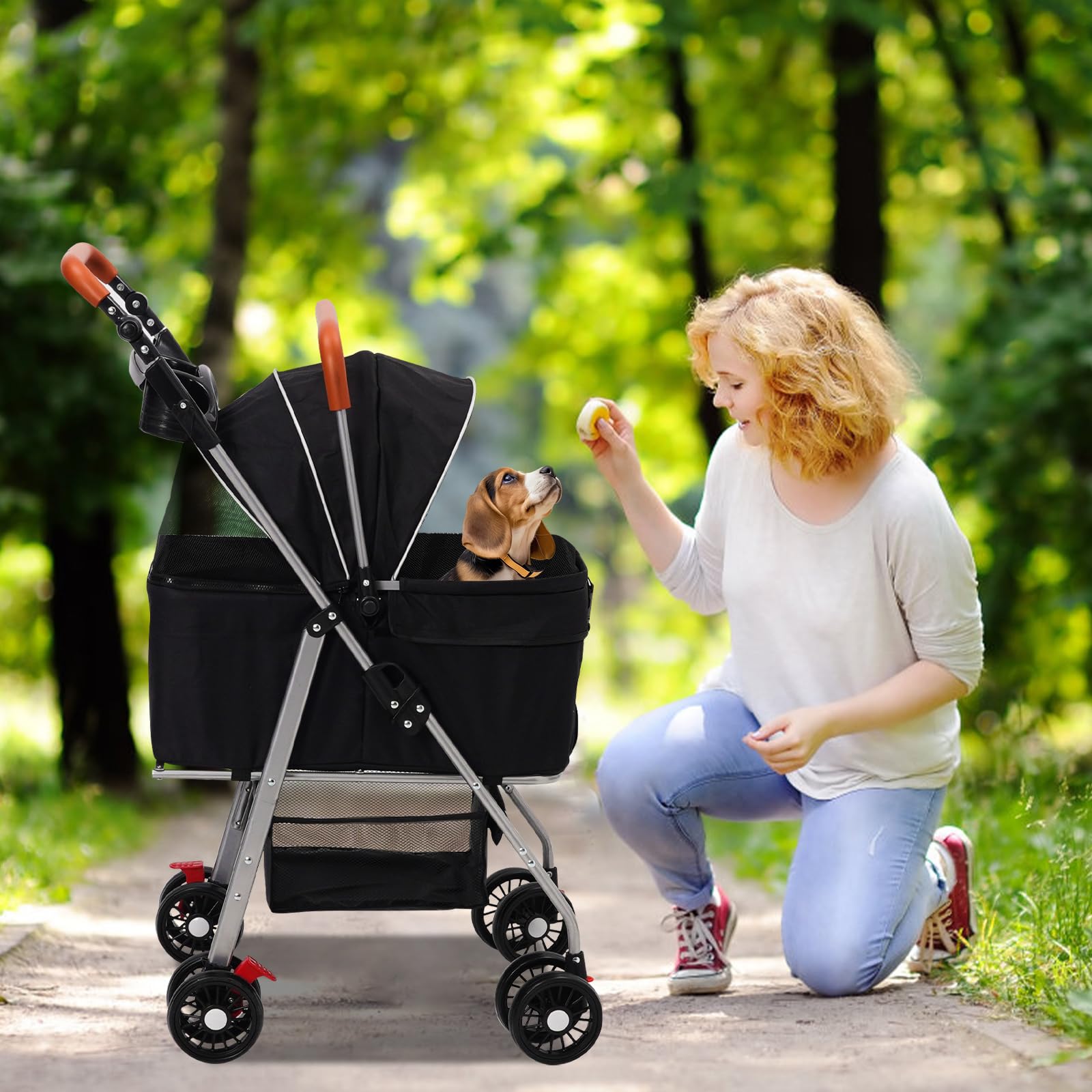 Cochecito para Perros 3 en1,Carro Perro Plegable,Hasta 20kg, Carrito Perro Con Rueda Universal de 360° con Freno,Cesta de Almacenamiento,Ventana de Malla,Portavasos y Asa Ajustable,para Perros Gatos