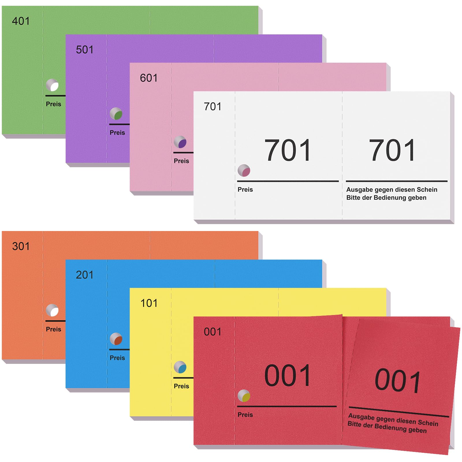Nezyo 8 Bloques de Tickets Numerados 1-800 Talonario de Rifa de Números Dobles Tickets de Consumición Recibos de Comida Buffet Billetes Ganadores Fichas de Ropa para Fiesta Eventos Club(Colorido)