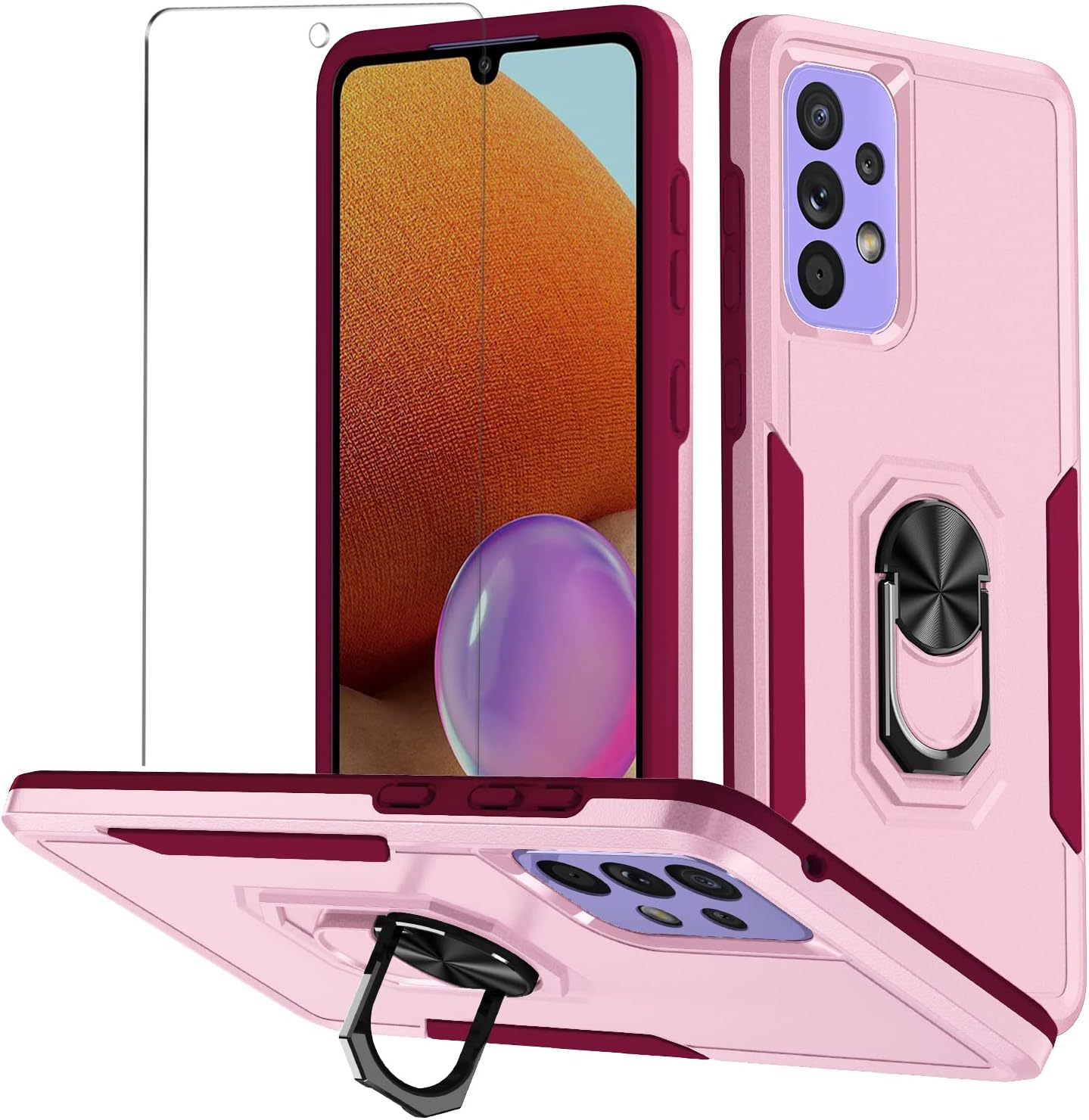 CICINIO for Samsung Galaxy A53 5G Case with Screen Protector, Built in Finger Ring Stable Holder Kickstand, Heavy Duty Shockproof Protection Dual Layer Phone Case for Samsung A53 5G-Pink