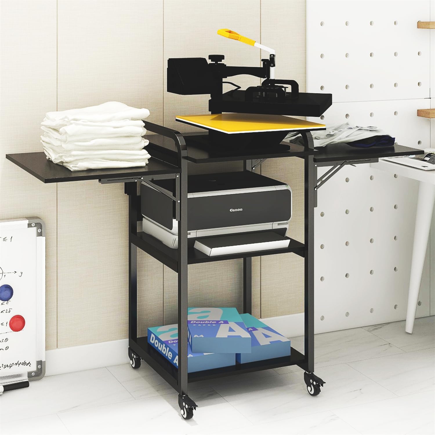 PUNCIA - Soportes plegables de 3 niveles para prensa de transferencia de calor DIY, banco de trabajo resistente con ruedas de 20 pulgadas y mesa de trabajo plegable para máquina de transferencia de sublimación, estante de metal para organización de almacenamiento