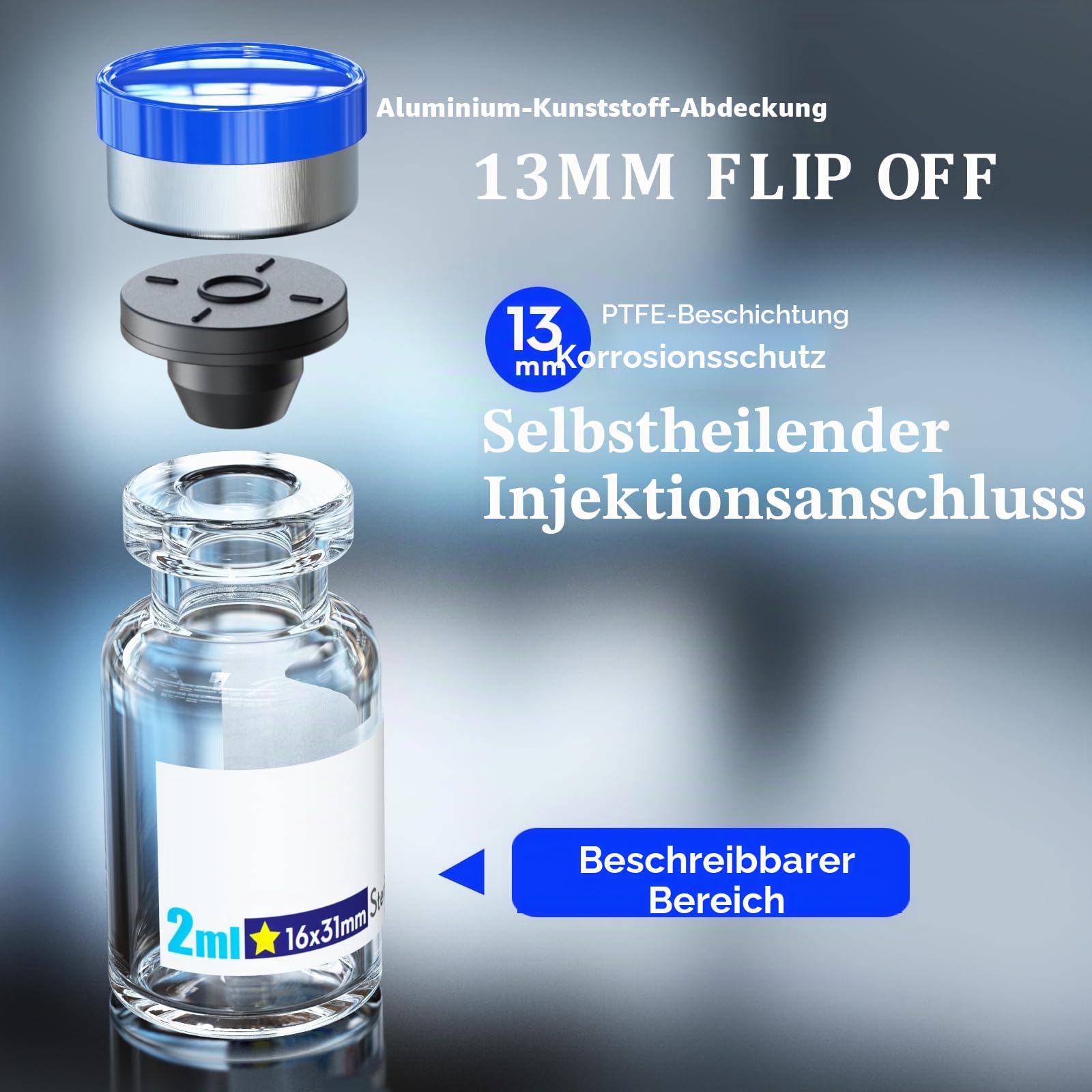 Ks-Tek Sterile leere Ampullen mit selbstheilendem Einspritzanschluss, mit Aluminium-Kunststoffkappe, steriles Paket (2 ml klar, 10)
