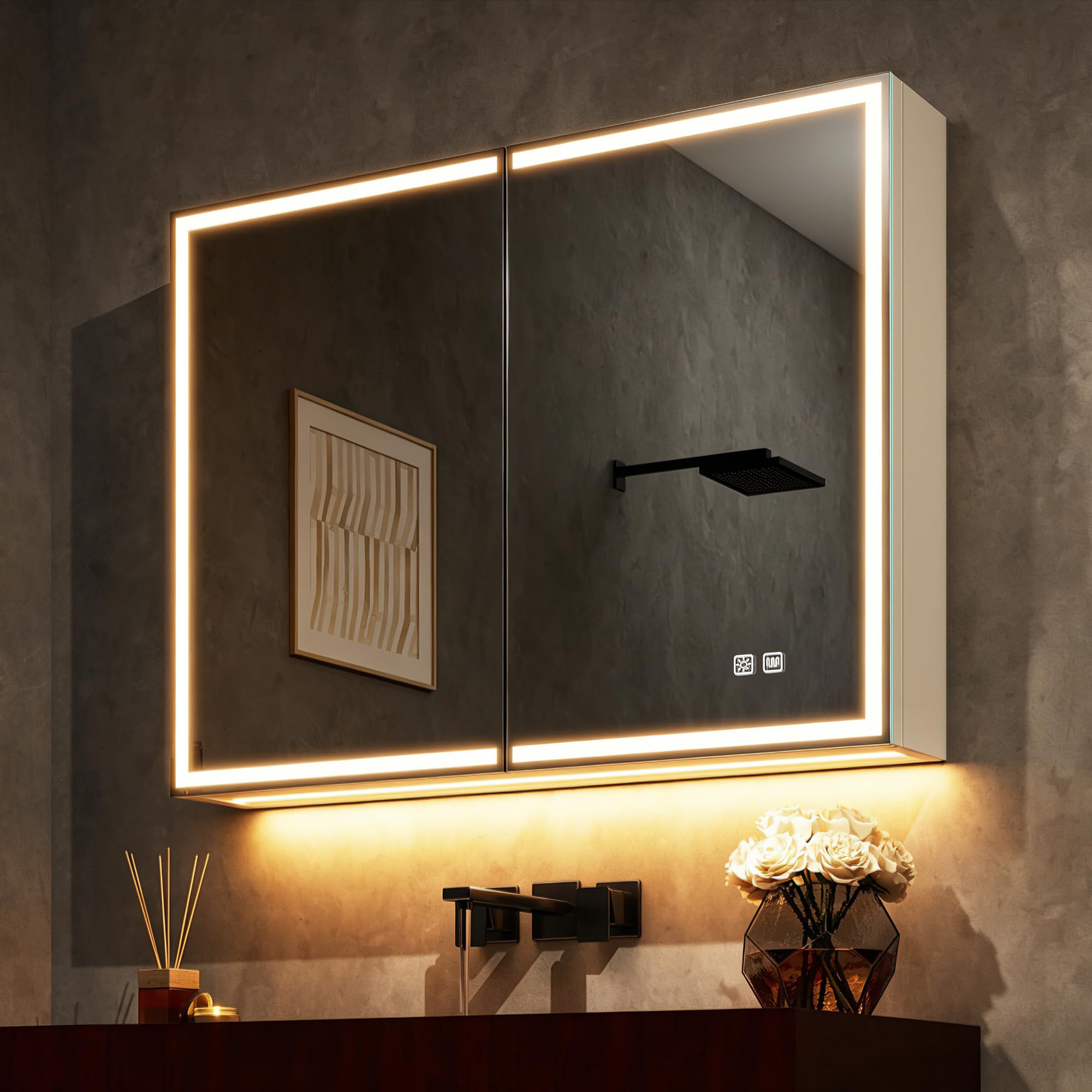 STARLEAD Armario con Espejo LED para Cuarto de baño, 60 x 80 cm, Color Crema y Blanco, Armario con Espejo de baño con iluminación y antivaho, Armario Colgante de Aluminio, Color de luz Regulable