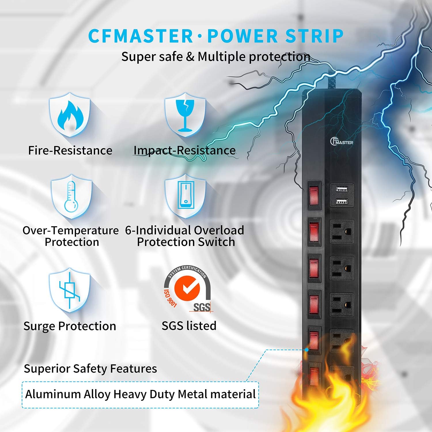 Flash Deals - 50% OFF Individual Switchs Surge Protector Power Strip with 2 USB 6ft (2.4A/1875W), Extension Cord Surge Protection 5 Outlet 6 feet Long Cord, Wall Mountable Black for Home Office