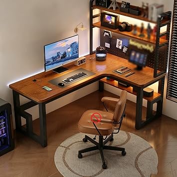 L-Shaped Gaming Desk with Storage Shelf, Perforated Board Included, PC Desk, Load Capacity 881.4 lbs 400 kg, Study Desk, Remote Work at Home, Game Walnut, Right Corner, 47.2 x 39.4 x 29.1