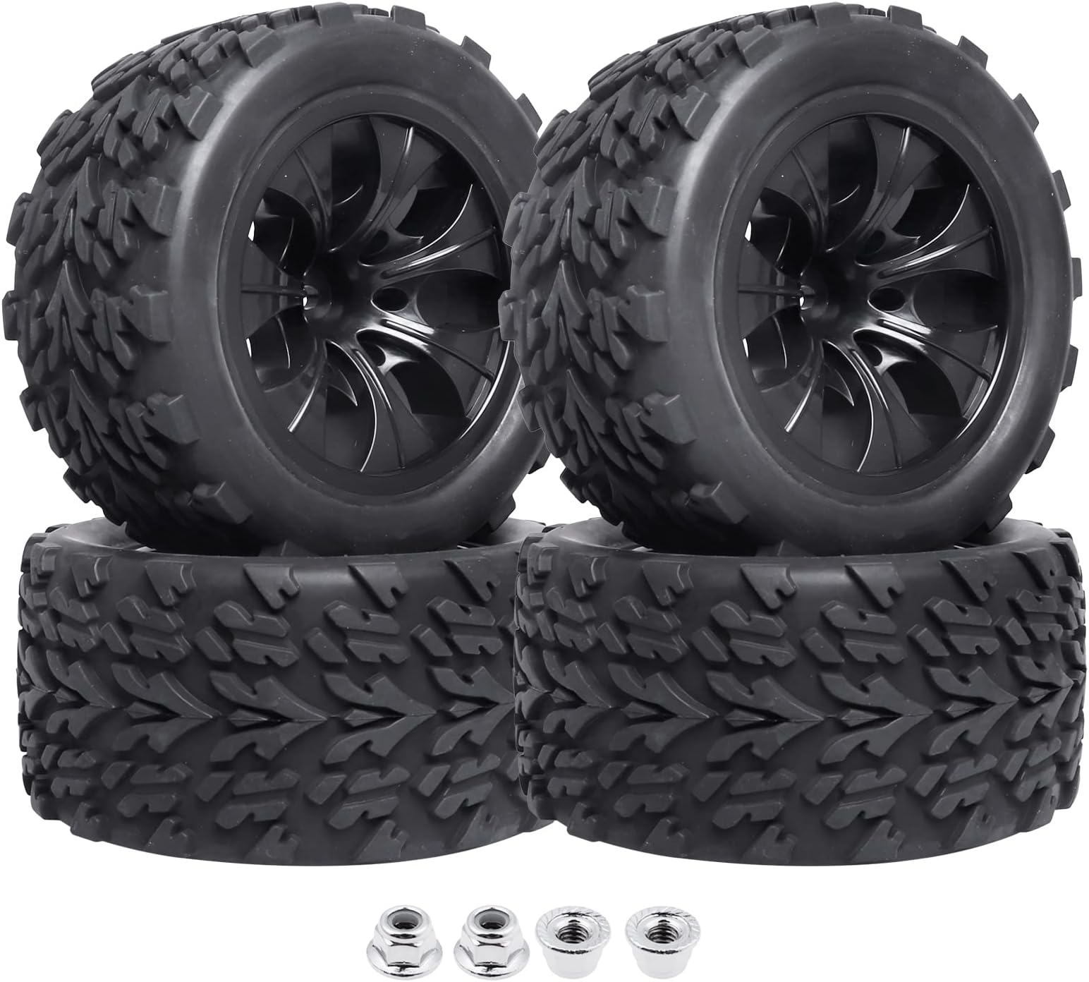 12mm Hex 1/10 RC Truck Wheels and Tires for Traxxas Rustler 2wd 4x4 VXL Redcat Volcano EPX Blackout XTE Pro fit 3S 4S Brushless (Set of 4)