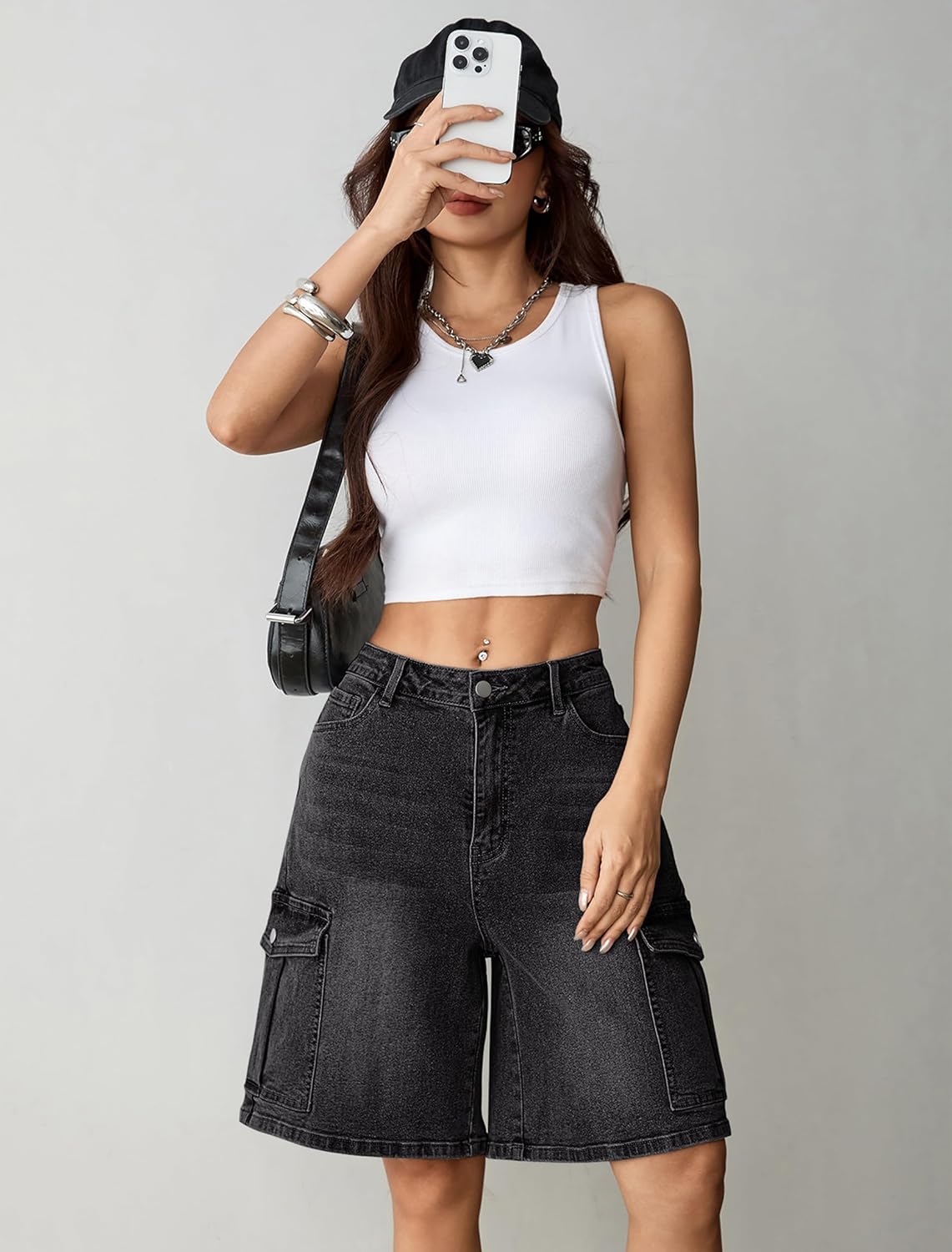 Eddoyee Baggy Bermuda Cargo Jorts for Women Y2K Long Knee Length Stretchy Denim Jean Shorts Casual Outfits with 6 Pockets