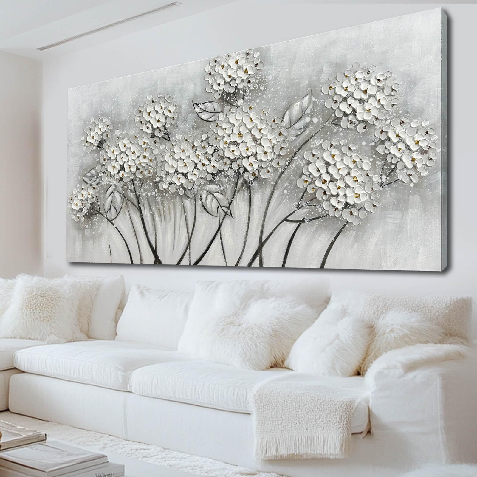 SOUGUAN Large Oil Painting Flowers Wall Art Plant Wall Decor Pictures for Bedroom White Flower Canvas Wall Decorations Artwork for Living Room Dinning Room Home Office 30 x 60 Inch