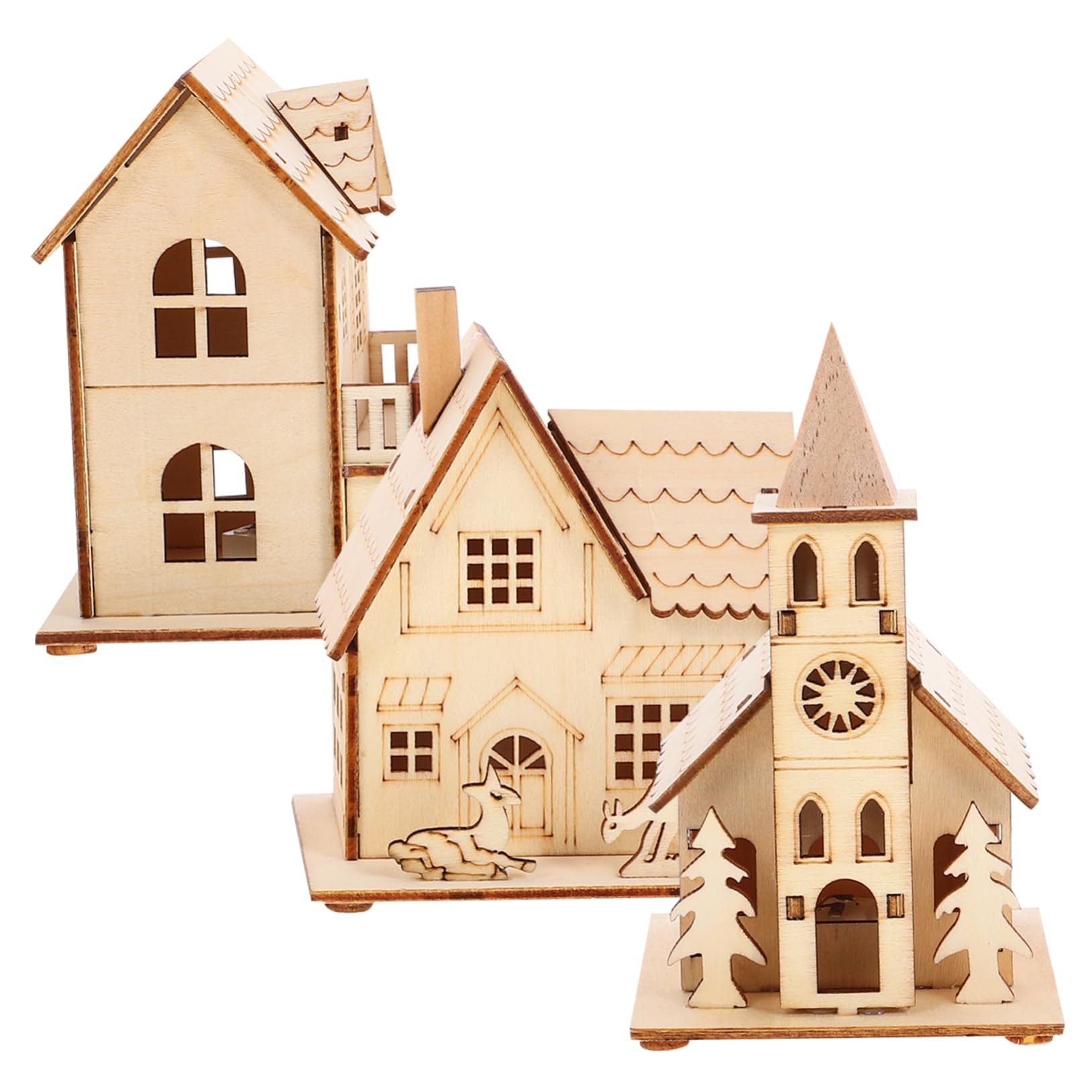 Alipis 5 Sätze Leuchtende Hüttenornamente Aus Holz Vormontiertes Erweiterbares Miniaturen Weihnachtshäuser Hausdekoration Weihnachtsdorfhaus Nachthäuschen 3 Stück * 5