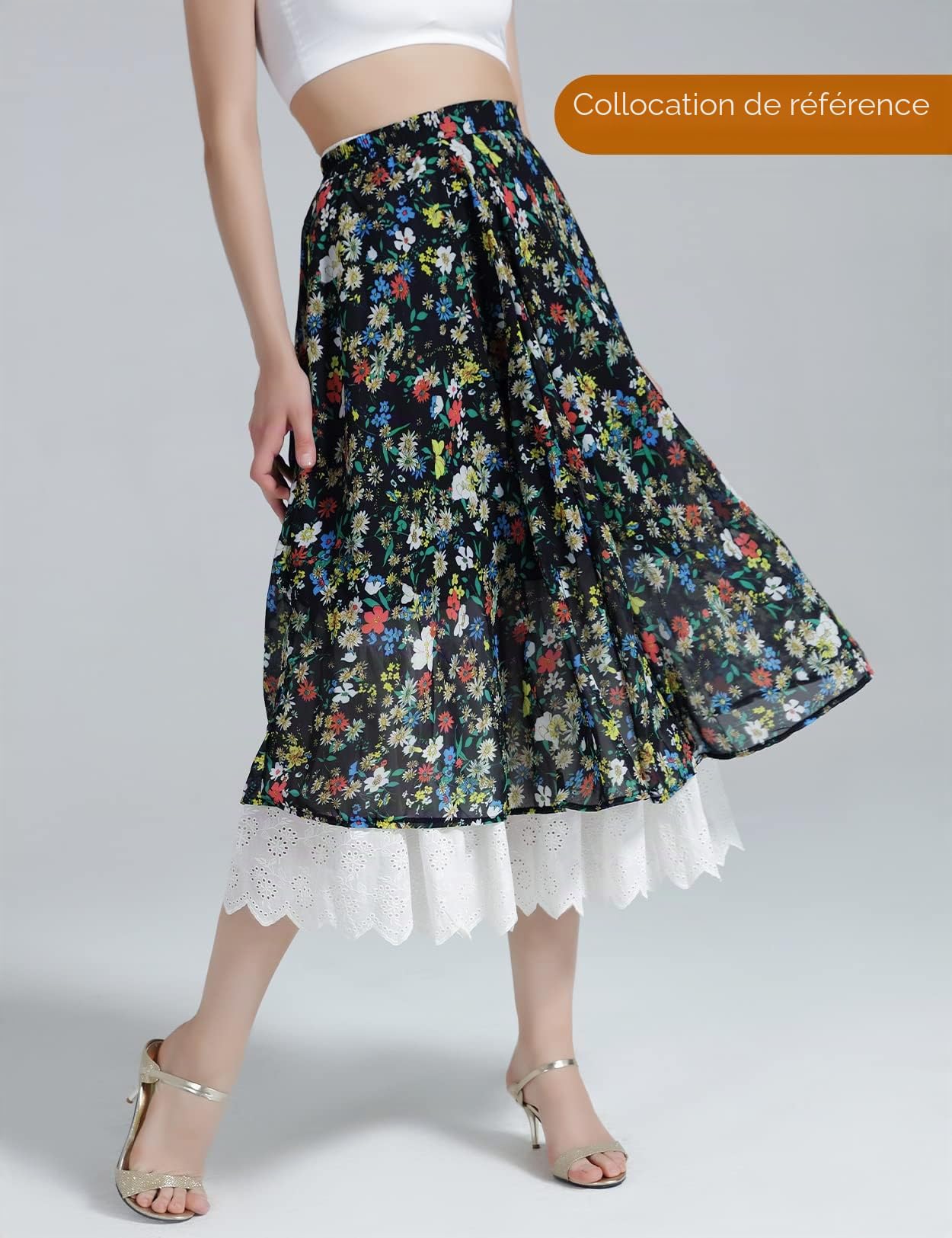 BEAUTELICATE Femme Jupon en Pur Coton avec Dentelle sous Jupe sous Robe Fond De Jupe Léger Frais Antistatique A-Ligne De Fille Été Midi Longue Ivoire Noir Crème