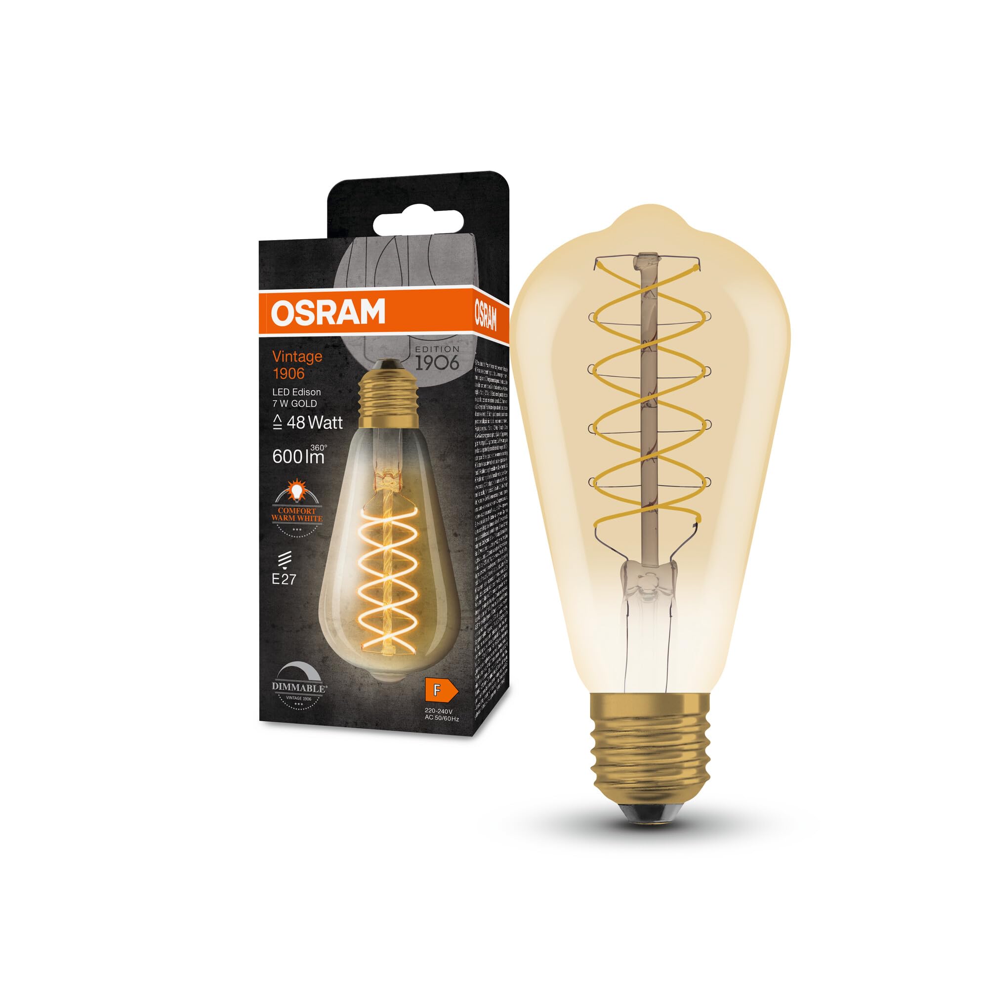 OSRAM Vintage 1906 Led Lamp with Gold Tint, 7W, 600Lm, Edison Form with 95Mm Diameter and E27 Socket, Warm White Light Color, Spiral Filament, Dimmable, Up to 15,000 Hours of Lifespan