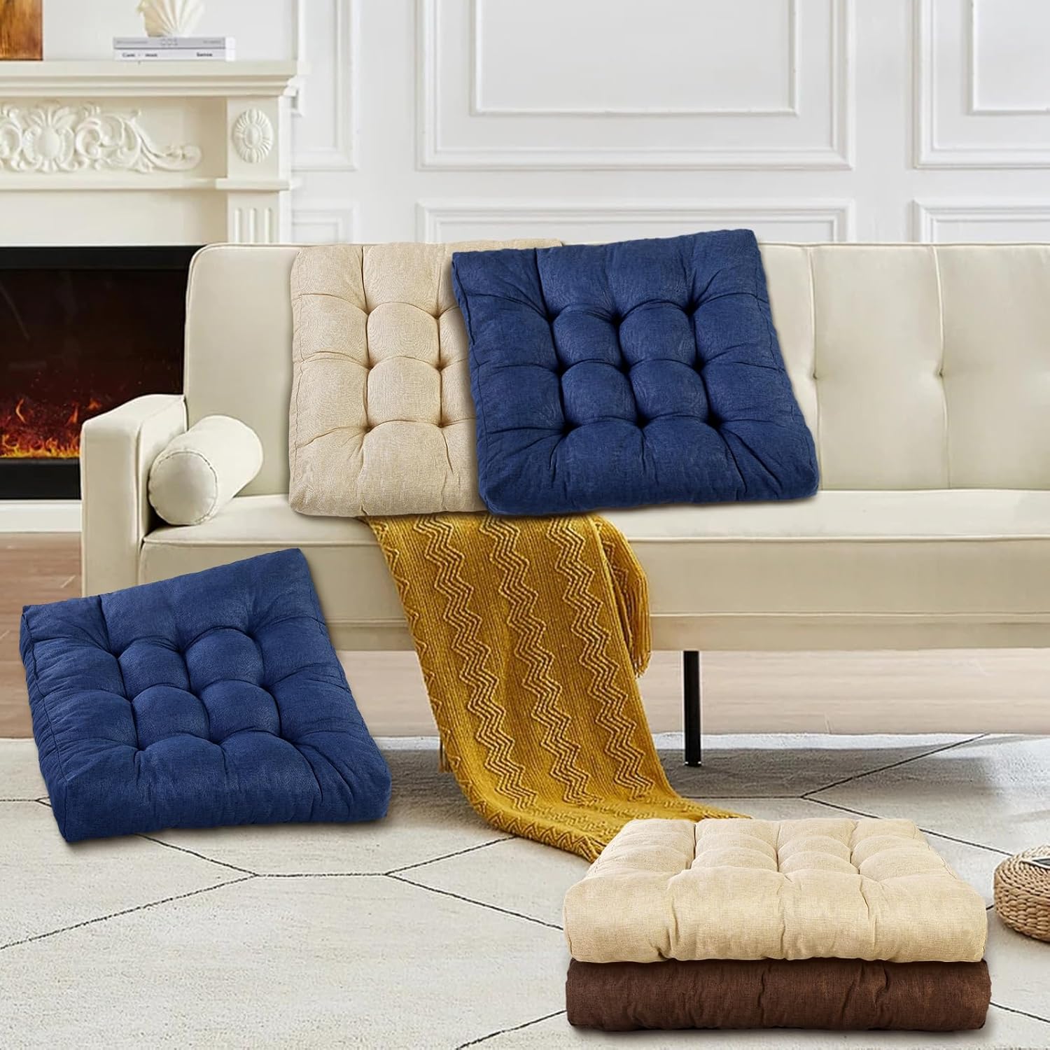 Meditation Floor Cushions Set of 2, Thickened Floor Pillow for Adults, Large Square Pillows Seat Cushion for Tatami Living Room Yoga, Memory Sponge Block Added, 22x22 Inch, Drak Blue