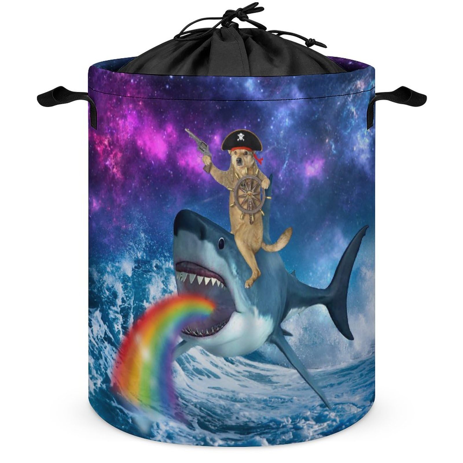 Funny Rudder Dog Foldable Waterproof Laundry Basket Cool Dog Riding Shark Fantasy Universe Galaxy Print for Dorm Family Travel One Size