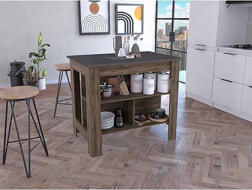 Miniatura 8 de Tuhome Cala Isla de cocina con mesa antimicrobiana, tres estantes abiertos, superficie de visualización superior y estación de trabajo de asiento,