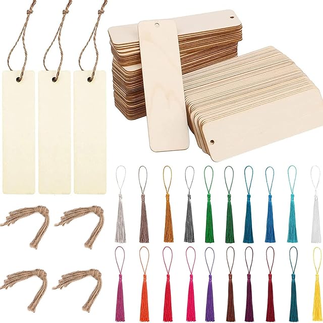 ZOCONE Blank Wood Bookmarks Set, 36 PCS Wood Bookmark+36 PCS Colorful Tassels+36 PCS Rope, Rectangle DIY Bookmarks for Adults Kids Make DIY Creative Wood Craft Bookmark,12*3.2CM