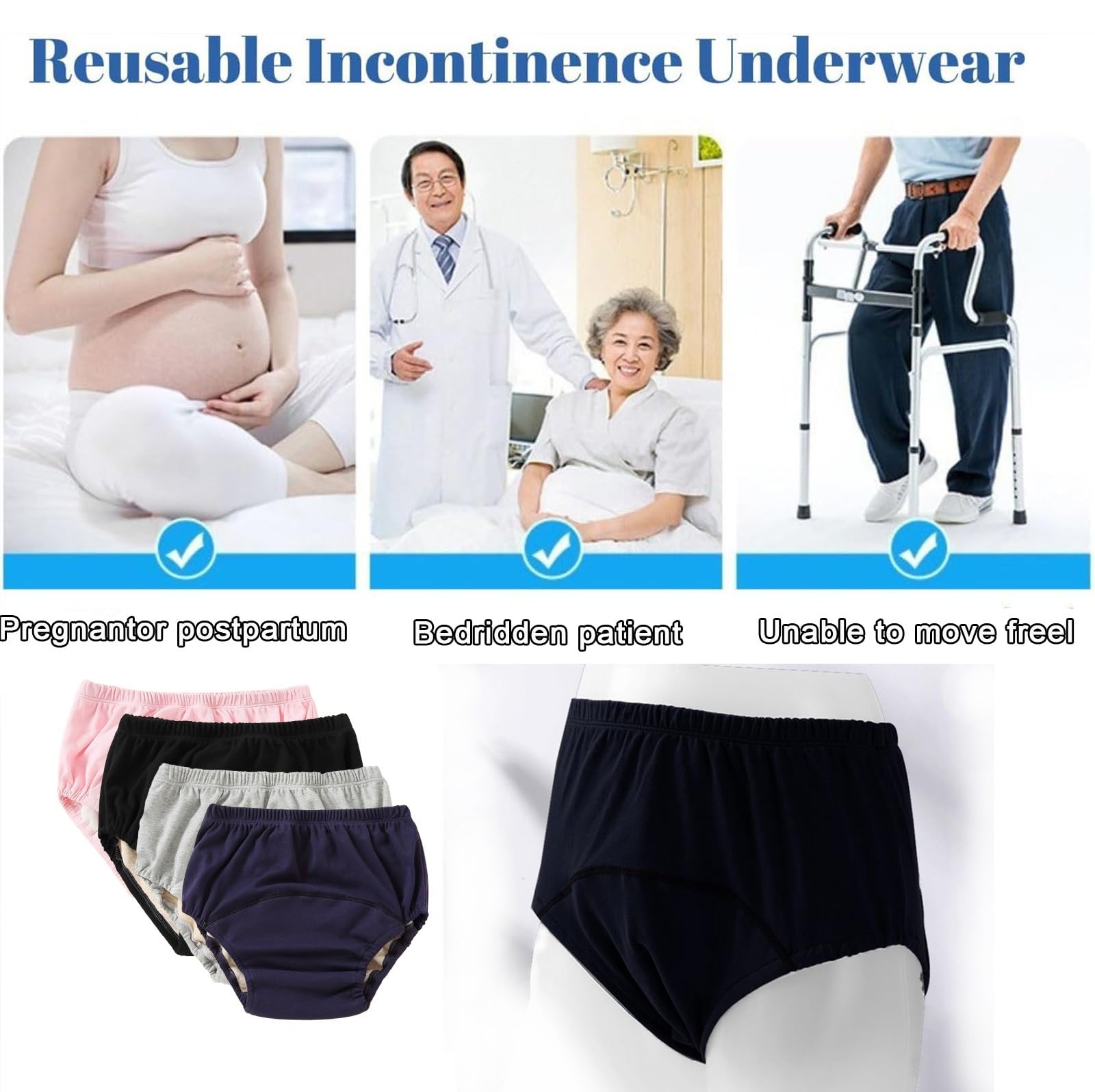 3 Stück Inkontinenz Pants für Erwachsene,Auslaufsichere UnterwäSche Wiederverwendbare Stoffwindeln für Männer Damen Inkontinenz Höschen Atmungsaktive Baumwollunterwäsche(Black,XX-Large)