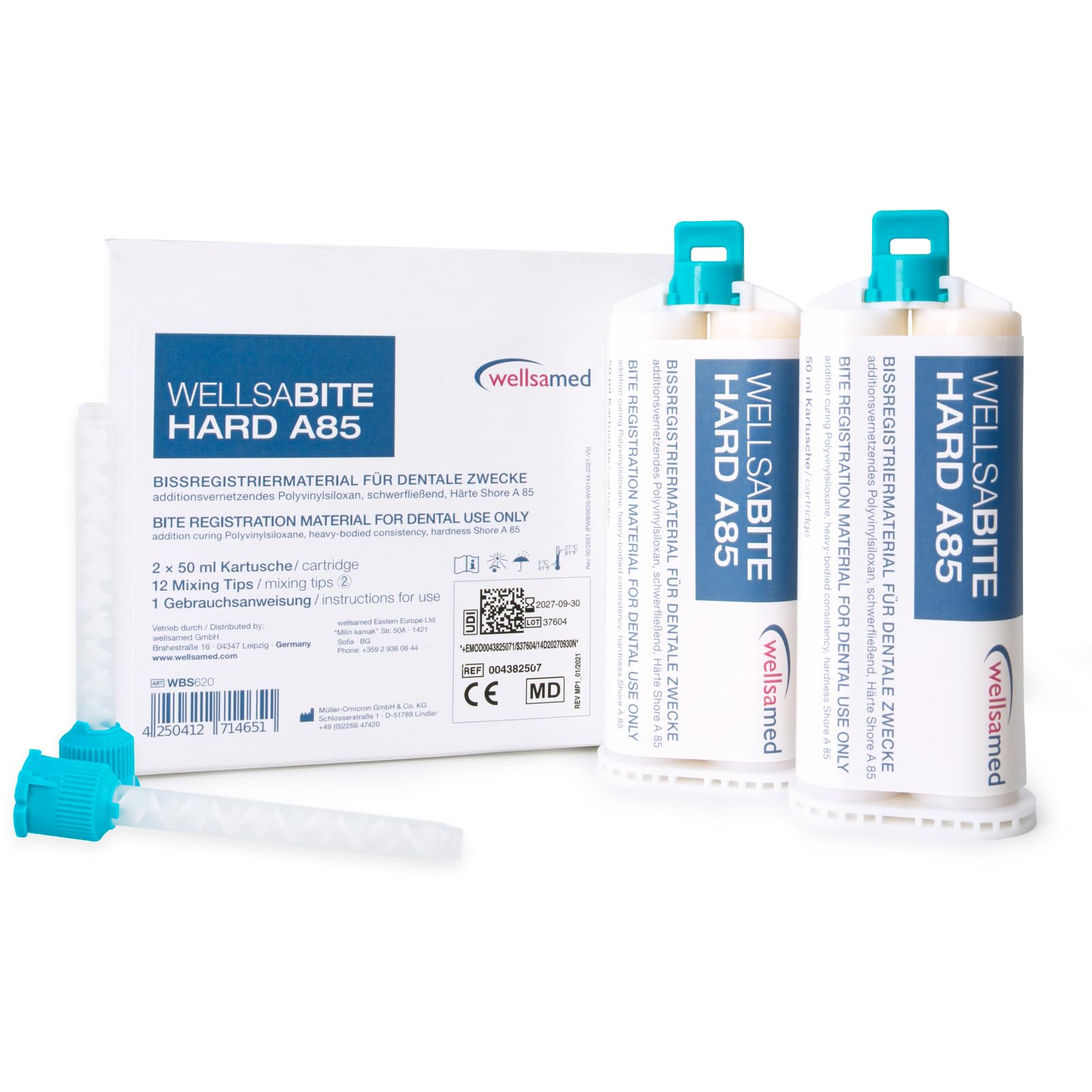 Wellsamed wellsabite Hard A85 Bissregistrat auf A-Silikon Basis, dentales Bissregistriermaterial, 2 x 50 ml Kartusche Härte Shore A 85