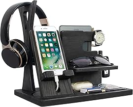 Gift for Men Nightstand Organizer with Headphone Stand & Rotating Phone Stand, Stylish Headphone Holder to Keep Desk Accessories for Men Organized, Unique Dad Birthday Gift, Gifts for Boyfriend