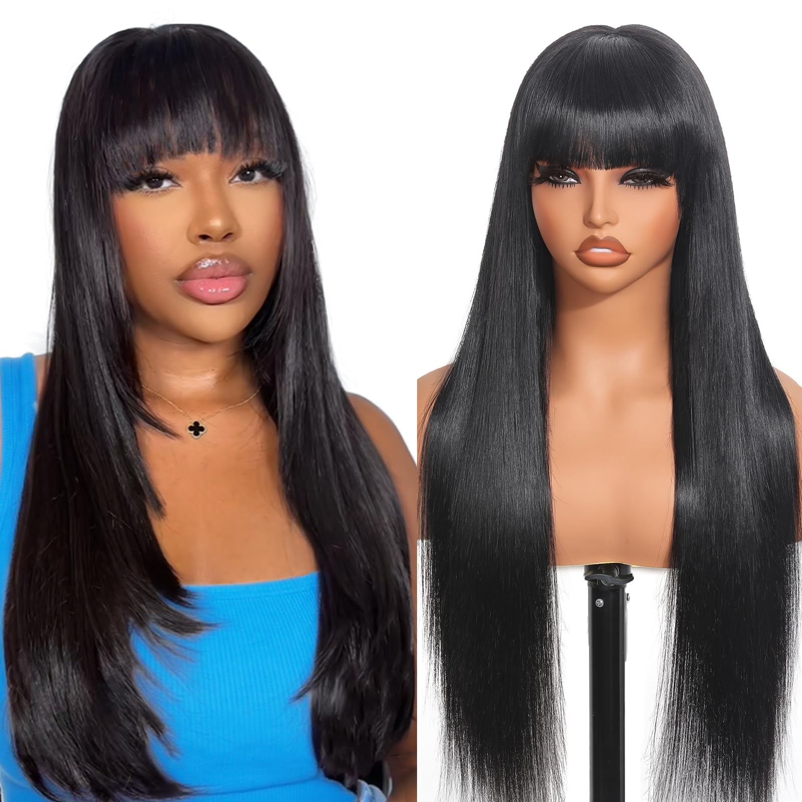 Tunfine Straight Human Hair Wigs With Fringe For Black Women Real Wear And Go Glueless Wig Human Hair 4x6 Lace Front Wigs Brazilian Glueless Black Real Hair Wigs With Bangs 24 Inch