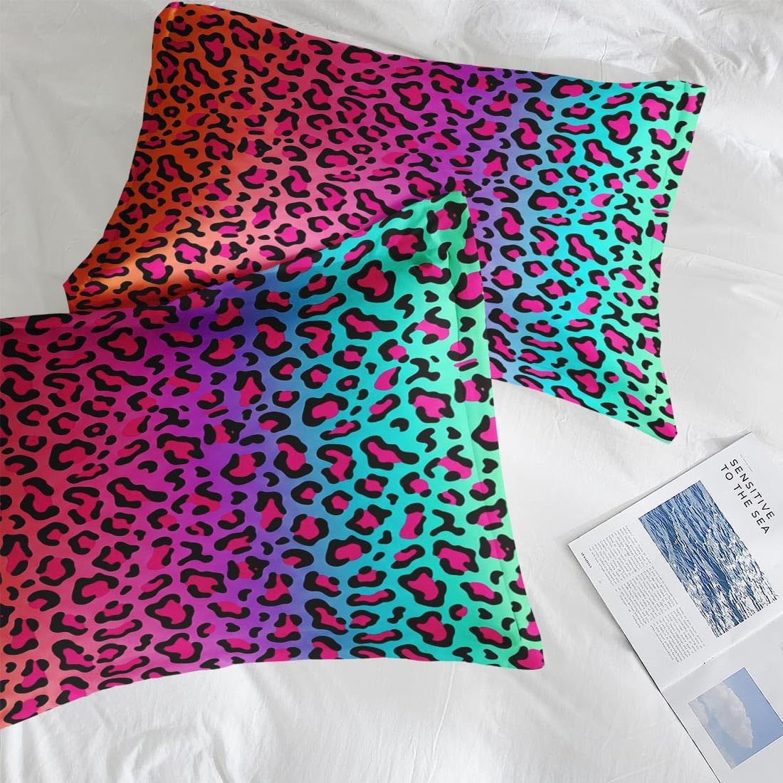 Pamnest Queen Size Bed Sheet Sets, Colorful Neon Leopard Soft Microfiber 4 Pcs Bedding Sets for Kids and Adults Bedroom Bed Decor, Cheetah Rainbow Psychedelic Flat, Fitted Sheet and 2 Pillowcases