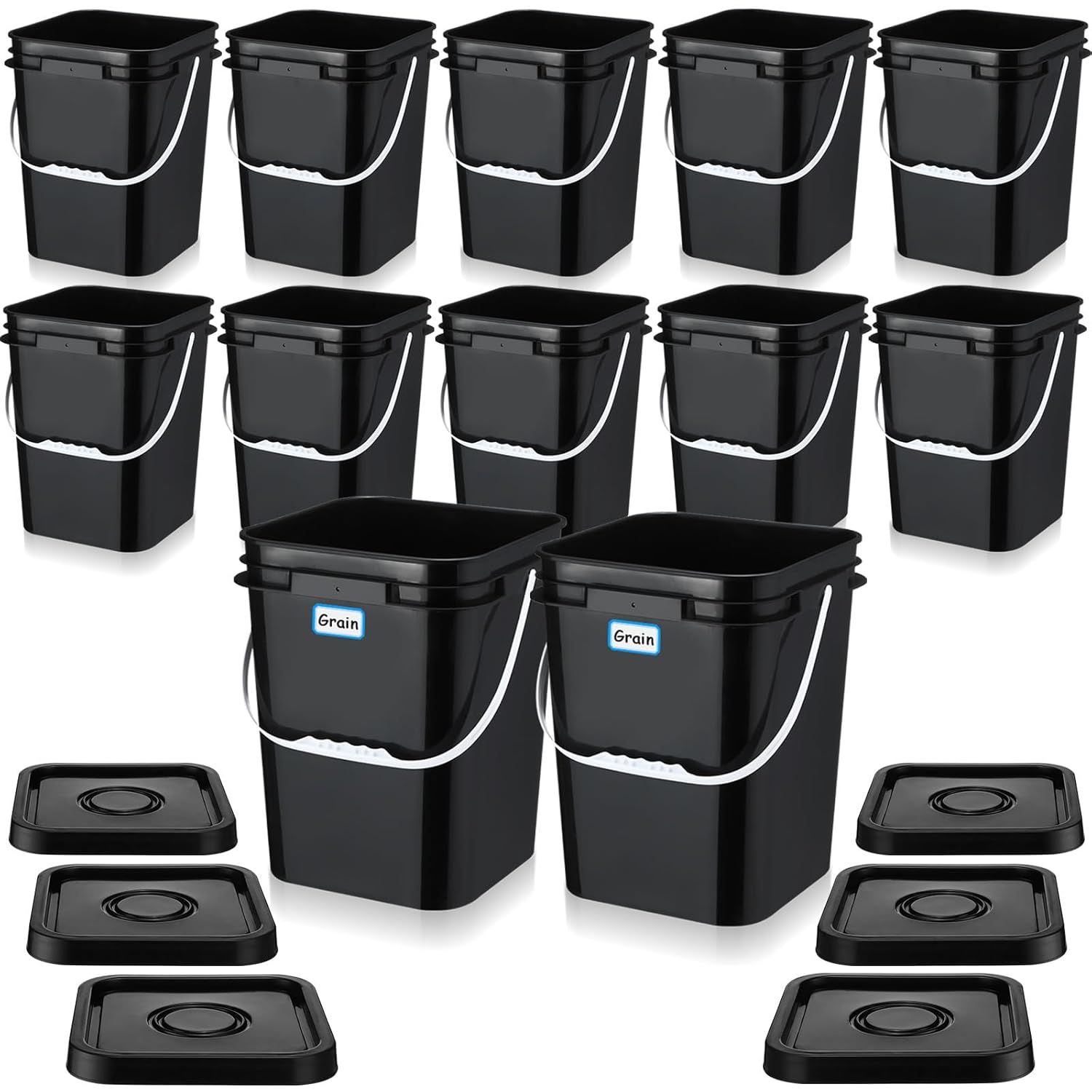 Vesici 12 Pcs Black 5 Gallon Square Bucket Pail with Plastic Handle and Lid Heavy Duty Storage Food Container with DIY Label Sticker for Food Multipurpose Paint Water Art Crafts Project