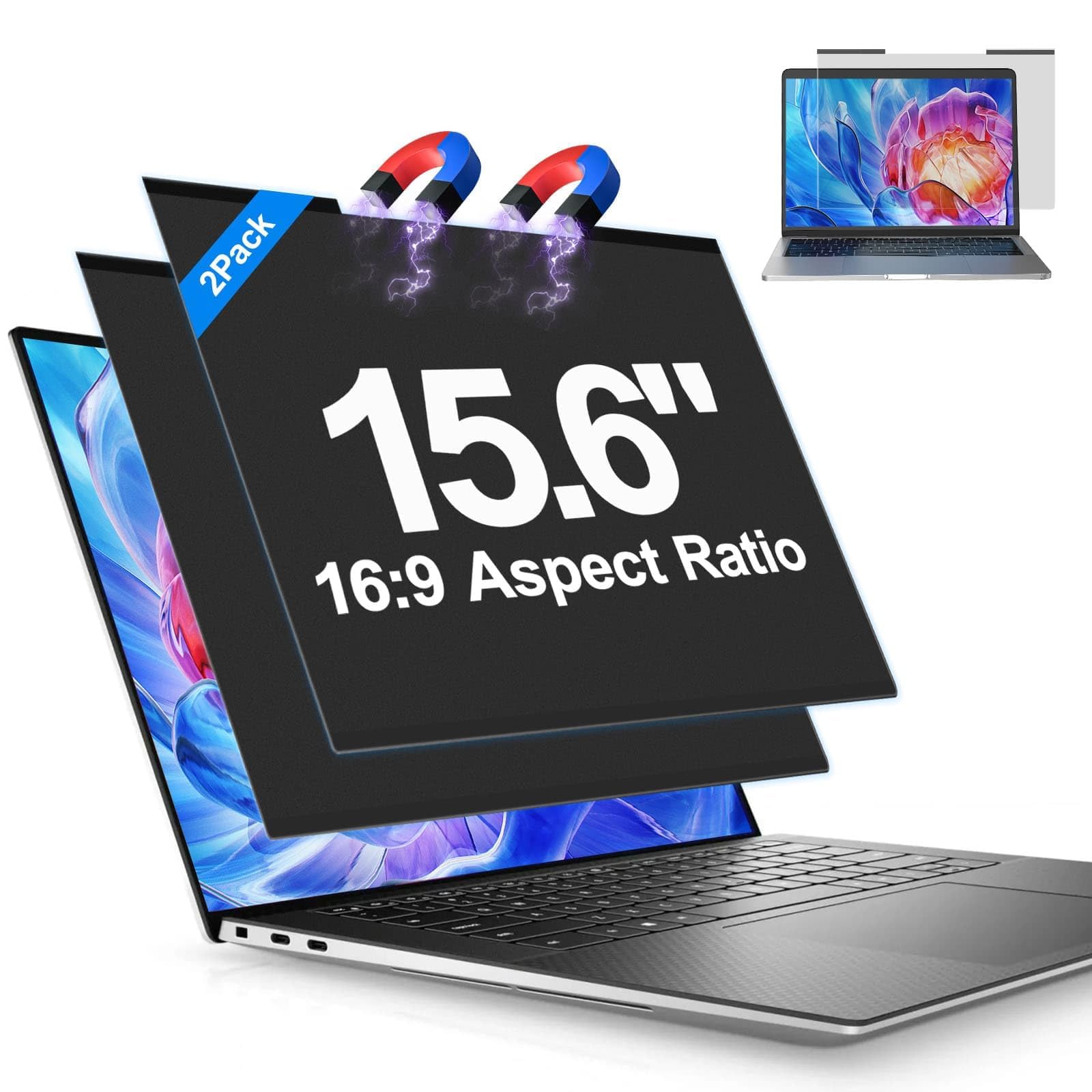 2Pack Magnetic Laptop Privacy Screen Filter 15.6 inch for 16:9 Widescreen Computer Monitor, Removable Anti Blue Light Privacy Shield, Anti-Glare Protector